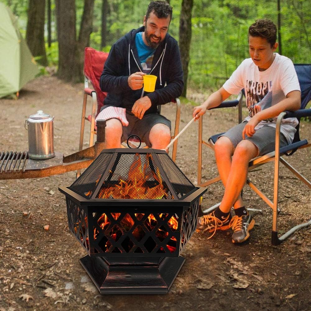Steel Hexagonal Fire Pit, Outdoor Black Steel Garden Patio Heater Outdoor Garden fire Pit with mesh Cover Steel Firebowl Heater Burner