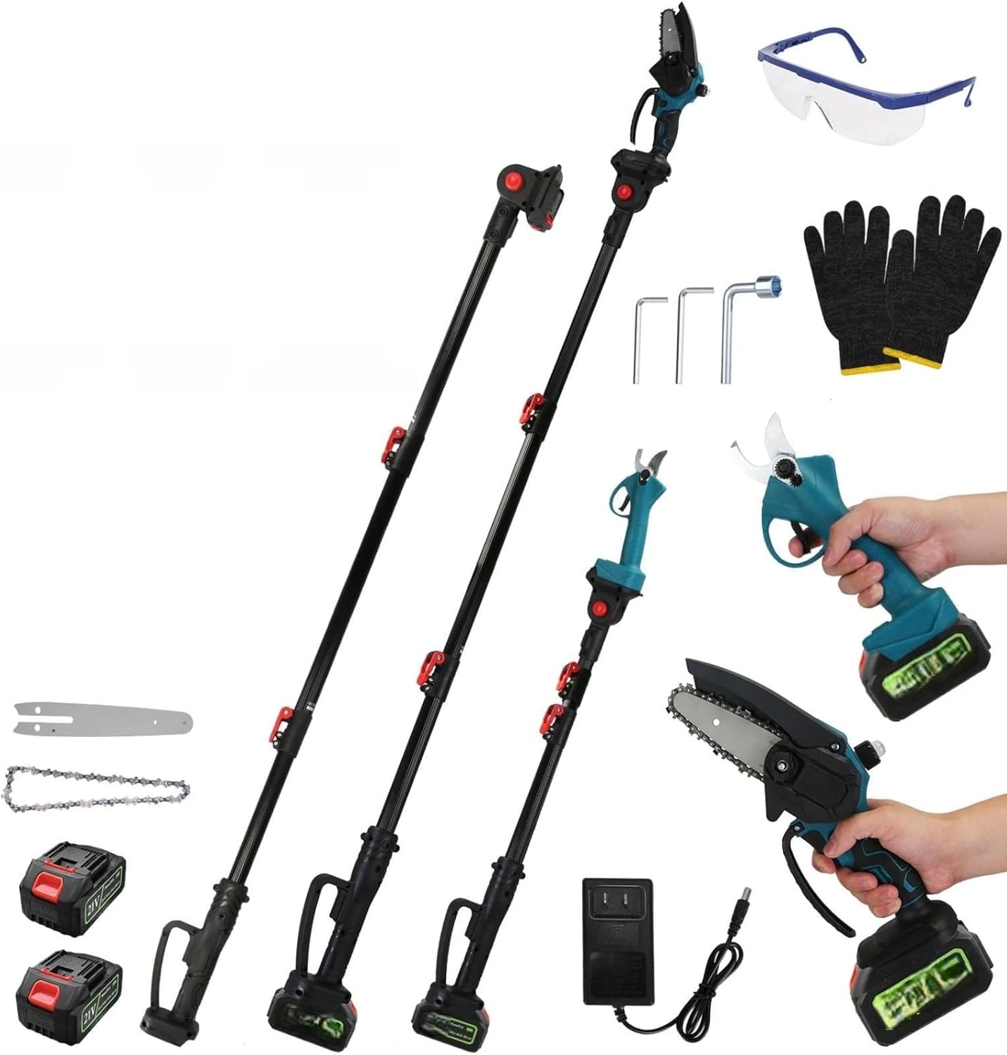 4-in-1 Pole Pruning Shears, Electric Pruning Shears & pole saws for tree trimming with 7 adjustable head angles,Cordless Pole Shears and Battery Pole Saw with 2Pcs 3000mAh rechargeable batteries