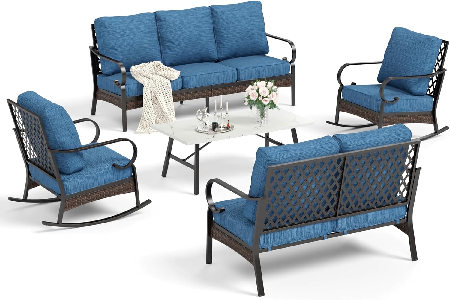 HERA'S HOUSE Patio Furniture Set, 1 x Lover Sofa, 2 x Rocking Cushioned Chair, 3-Seat Sofa with Coffee Table, 7 Seats All Weather Patio Conversation Set for Lawn Garden Backyard Deck, Pacific Blue