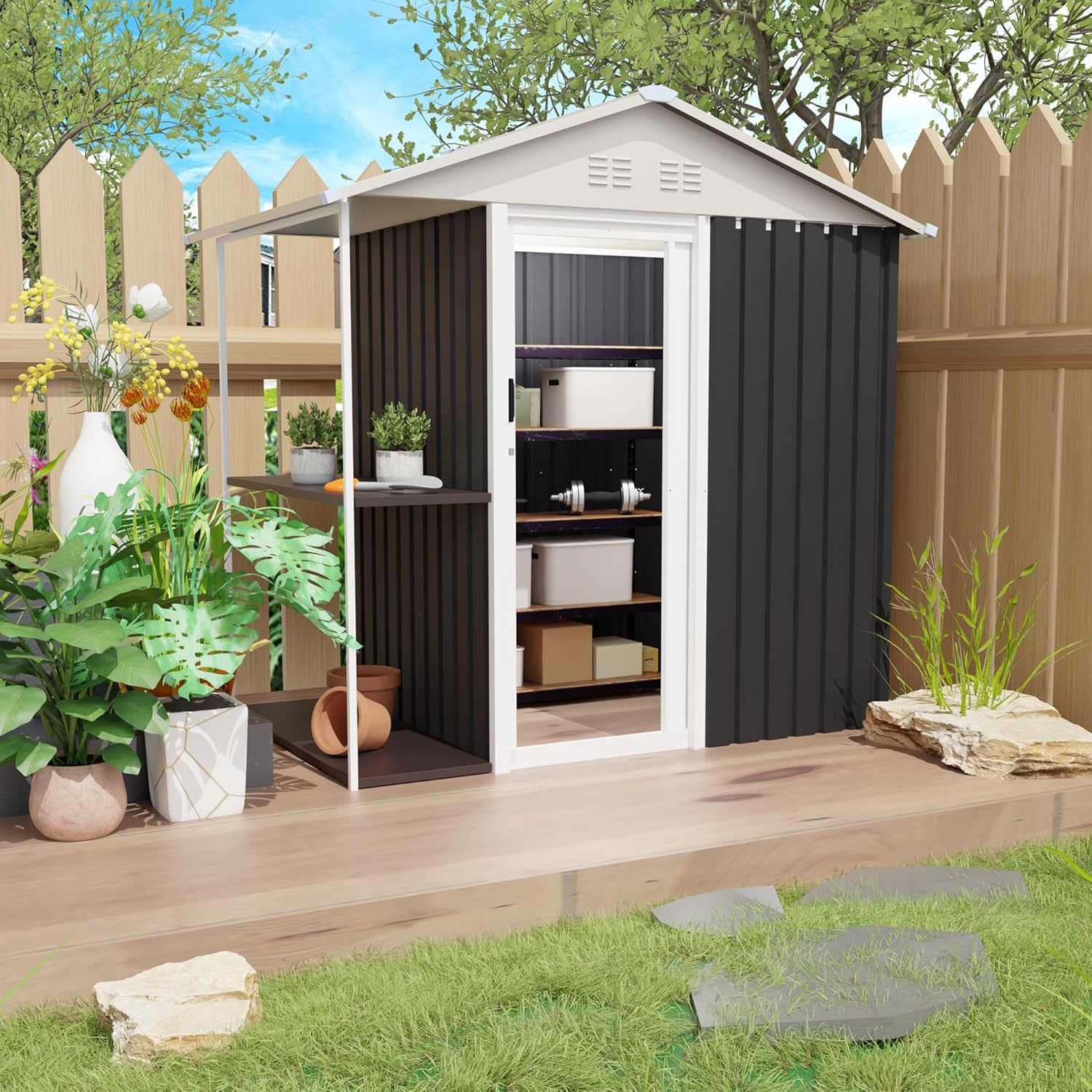 ZeHuoGe 6 x 4 FT Outdoor Storage Shed with Rack, Metal Garden Shed with Storage Shelves, Storage Tool House for Lawn Backyard Patio Use