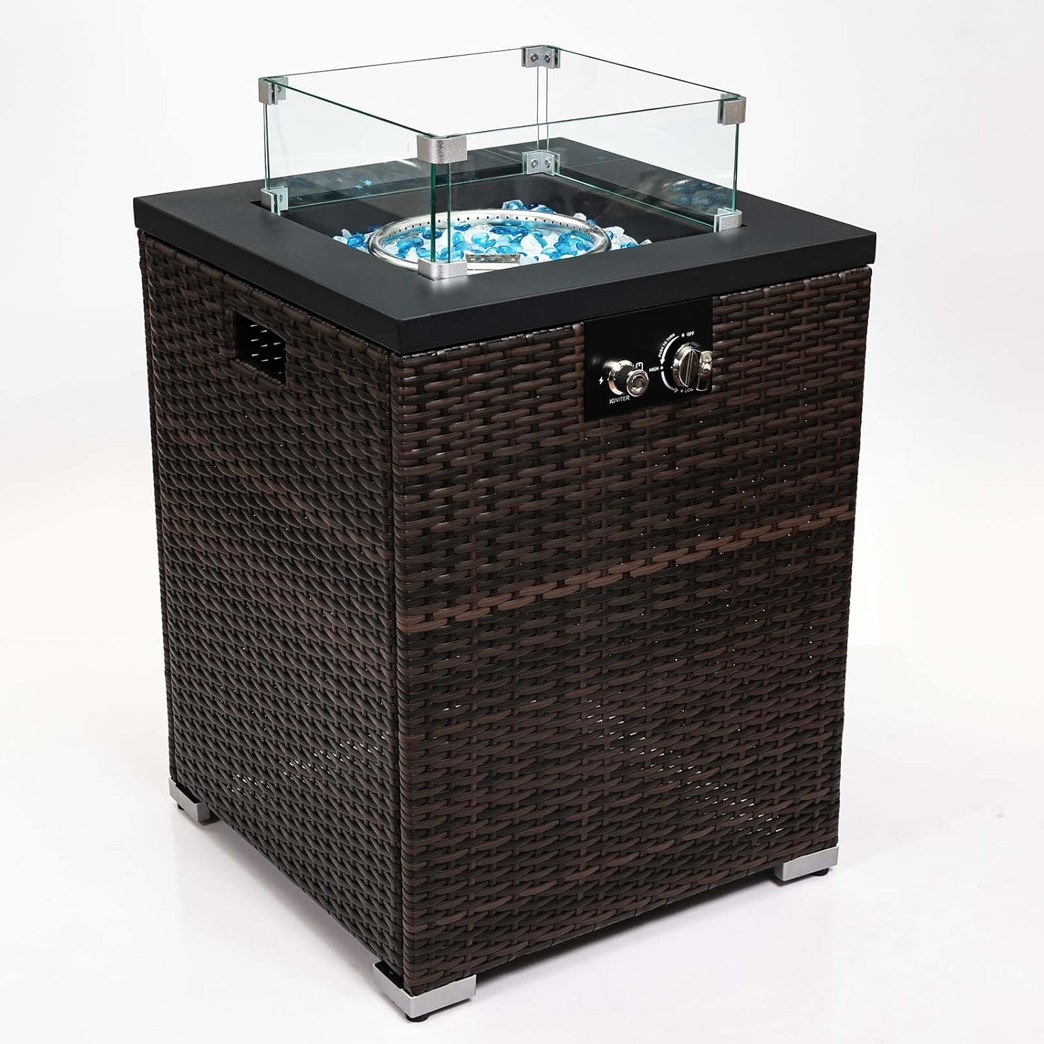 21 inch Wicker Fire Pit Table, 40,000 BTU Propane Fire Pit Table with Glass Wind Guard, Steel Outdoor Gas Firepit Table w/Blue Glass Stones for Patio, Backyard, Black