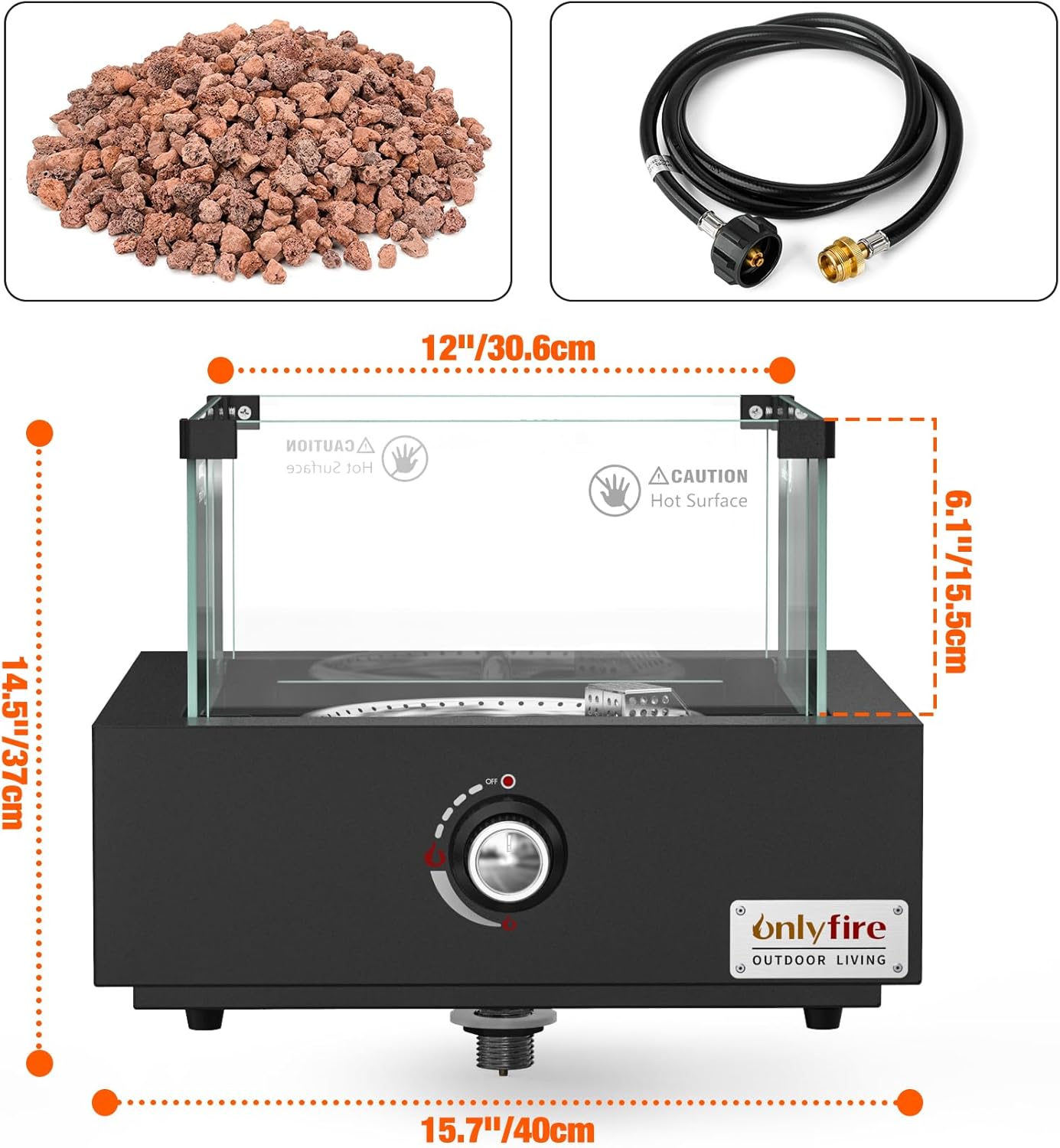 ONLYFIRE OUTDOOR LIVING Gas Fire Pit Bottom-Mounted for Table with Umbrella Hole, Portable Tabletop Smokeless Firepit with Wind Guard, Propane Firepit for Patio Camping RV Tailgating, Square FP041