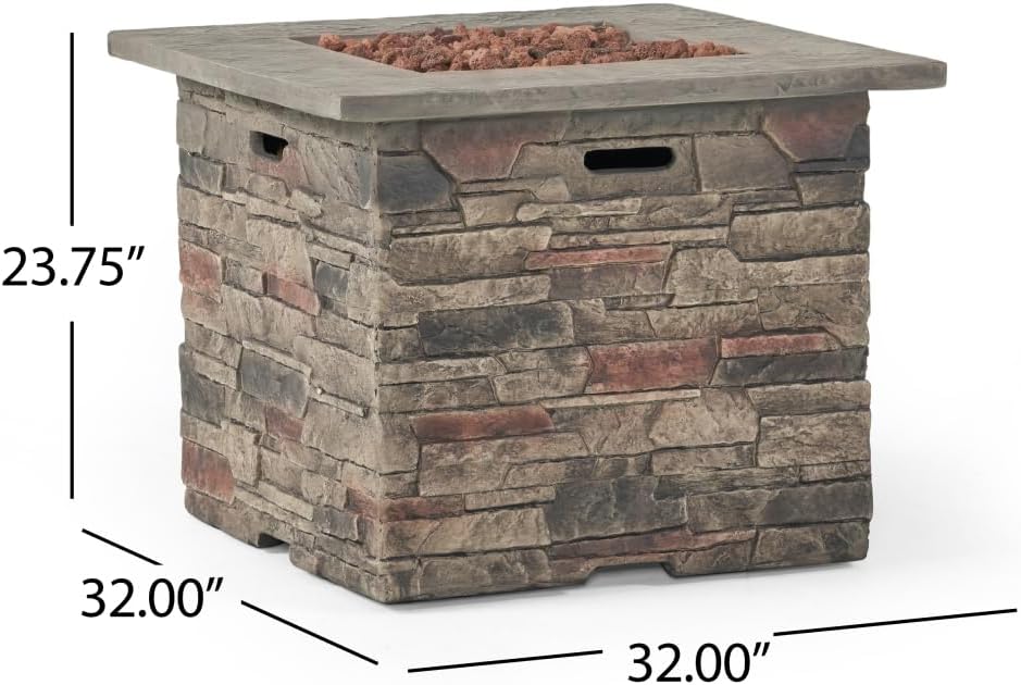 32-Inch Square Lightweight Concrete Propane Fire Pit with Gray Finish, 40,000 BTU, No Assembly Required, Includes Tank Space