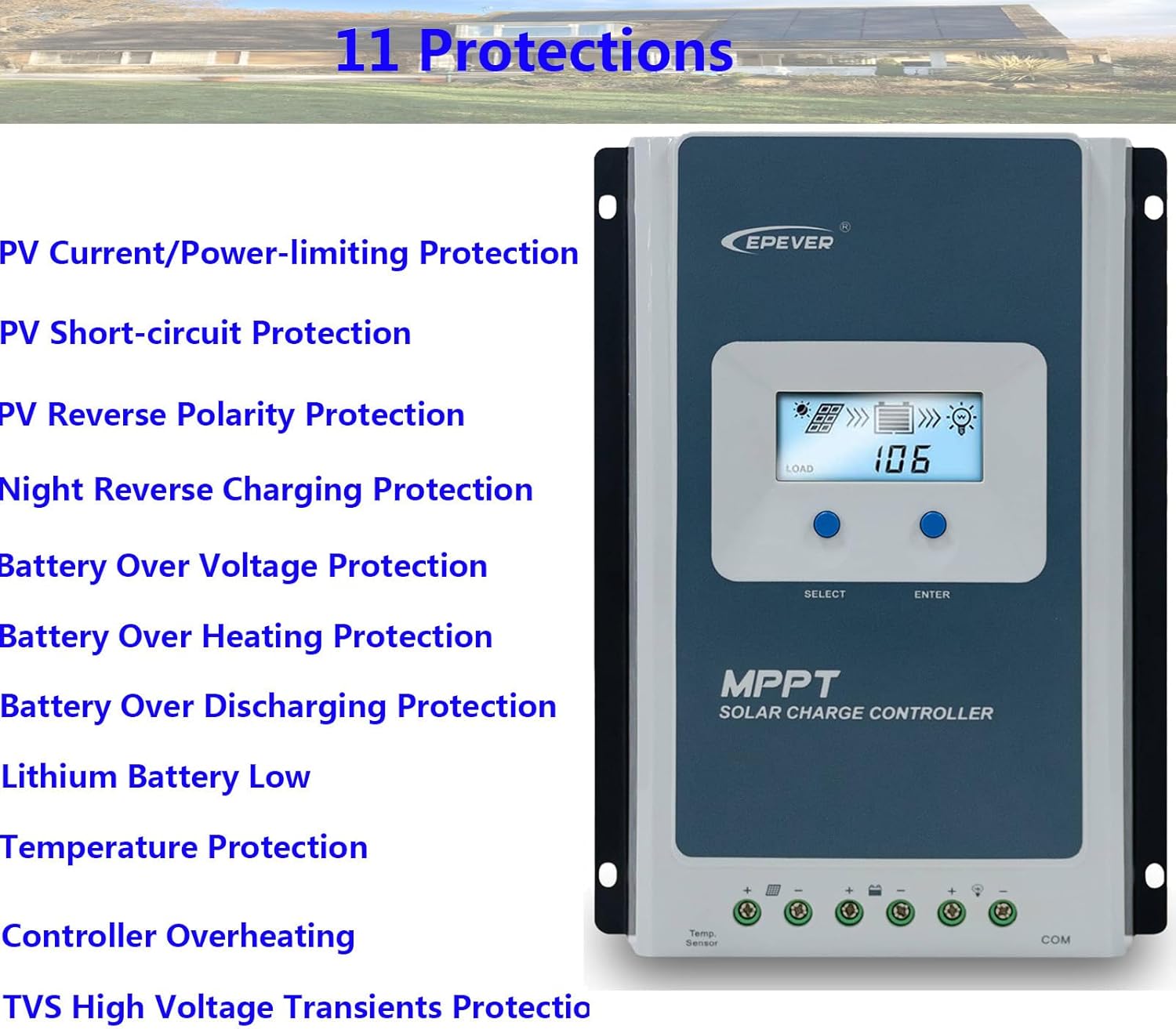 EPEVER 40A 12/24/ Auto Identify MPPT Solar Charge Controller with Remote Control of LCD Display Adjustable Parameters and Temperature Sensor Support Lithium (Tracer 4210AN MT50 Sensor)