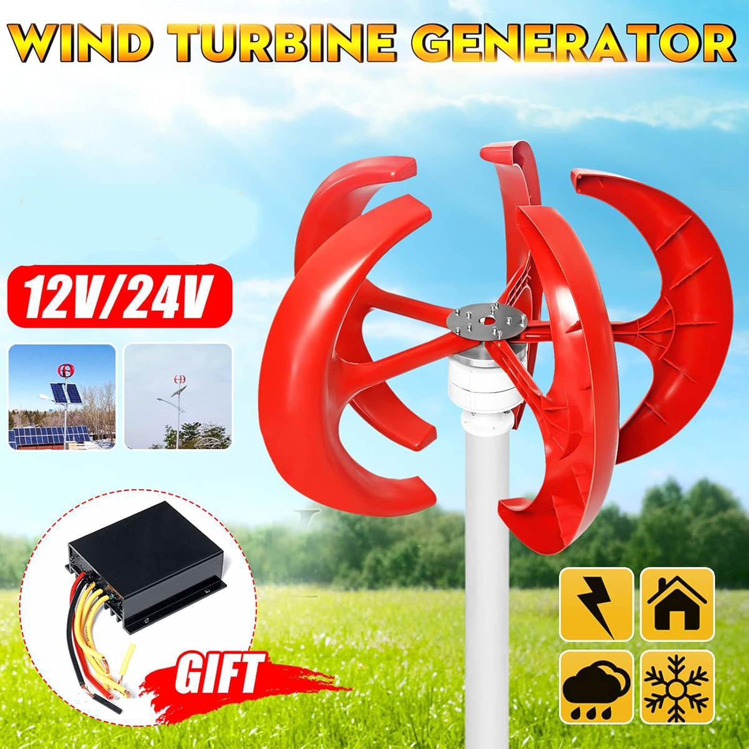 12000W Lantern Vertical Axis Wind Turbines Generator, 12V 24V 48Vwith MPPT Controller Low Noise Vertical Wind Generator Kit for Home Camping (Red 5 Blades)