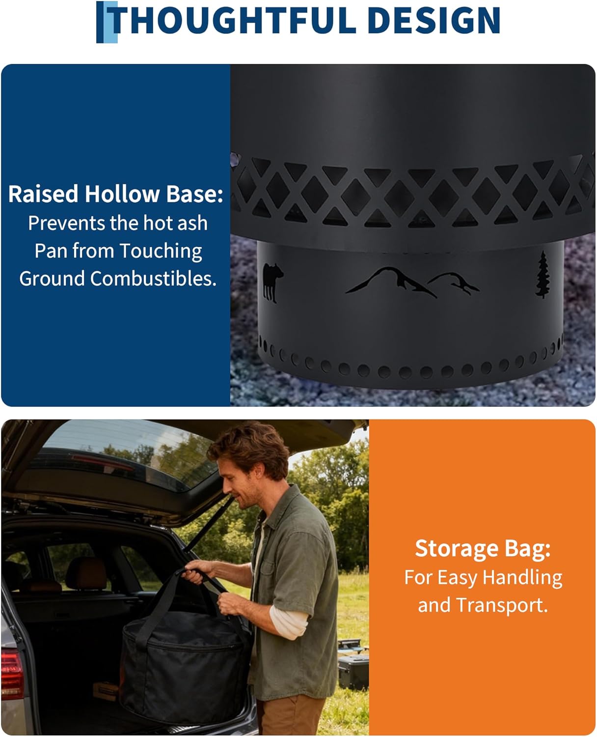 16 Inch Smokeless Fire Pit for Outdoor, Wood Burning Steel Firepit with Removable Ash Pan & Waterproof Carrying Bag, Low Smoke Design for Patio, Backyard, Camping Bonfire, BBQ Gatherings