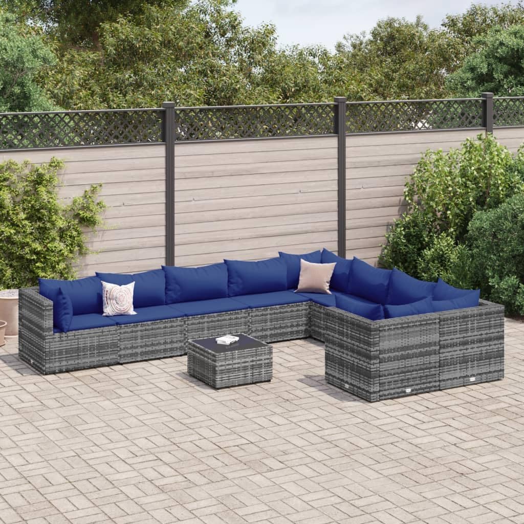 Furniture Sets 10 Piece Patio Sofa Set with Cushions Gray Poly Rattan,Elegant and Enduring: Modular Patio Sofa Set with Comfortable Cushions and Tempered Glass Table Garden Conversation Sets