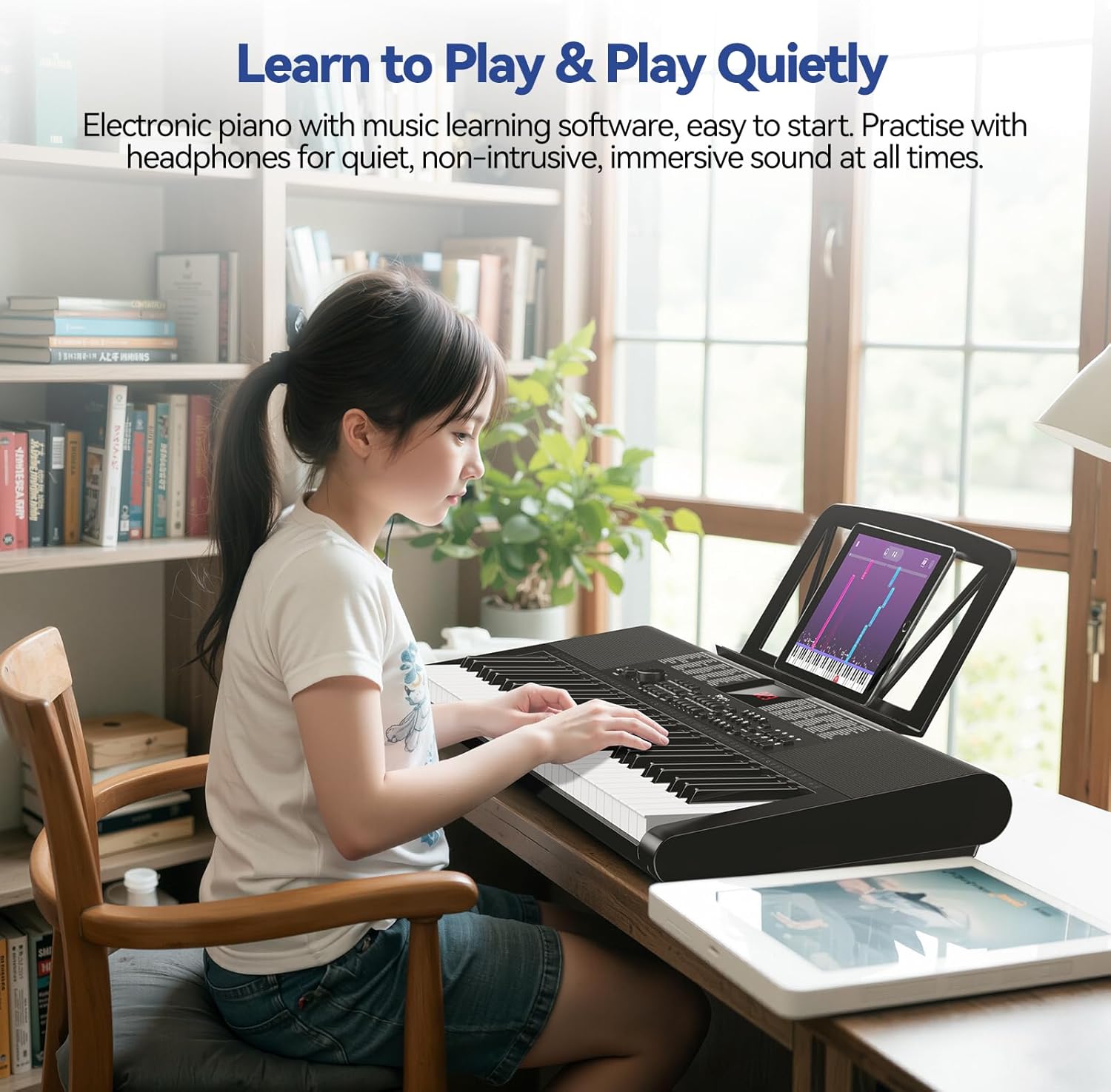 Keyboard Piano 61 Keys, Electric Piano Keyboard Kit with 255 Voices, 255 Rhythms, Powered by Power Adapter or Battery with LCD Display, Includes Sheet Music Stand, Piano Note Stickers, Earbuds