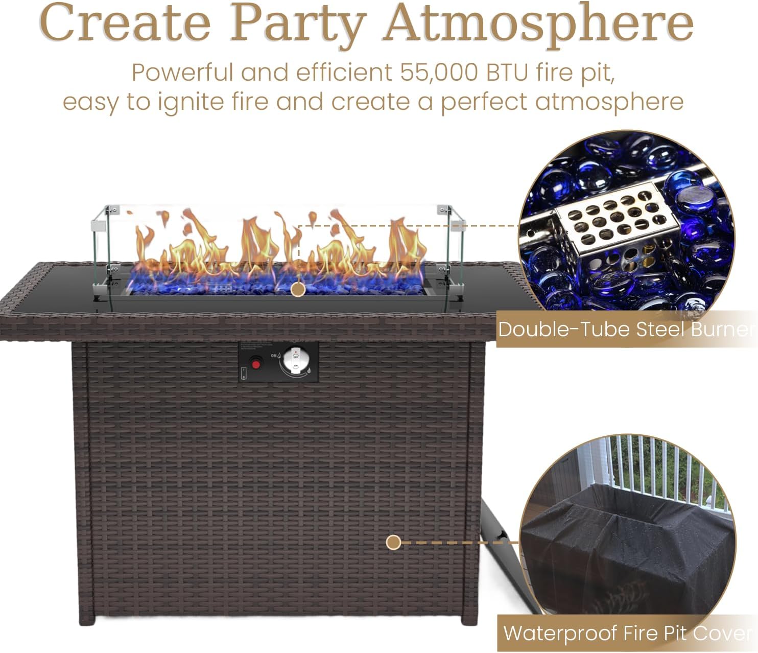 8 Piece Patio Furniture Set with Fire Pit Table, All-Weather Wicker Outdoor Conversation Set with Swivel Rocking Chair and 6 Inch Thick Cushions