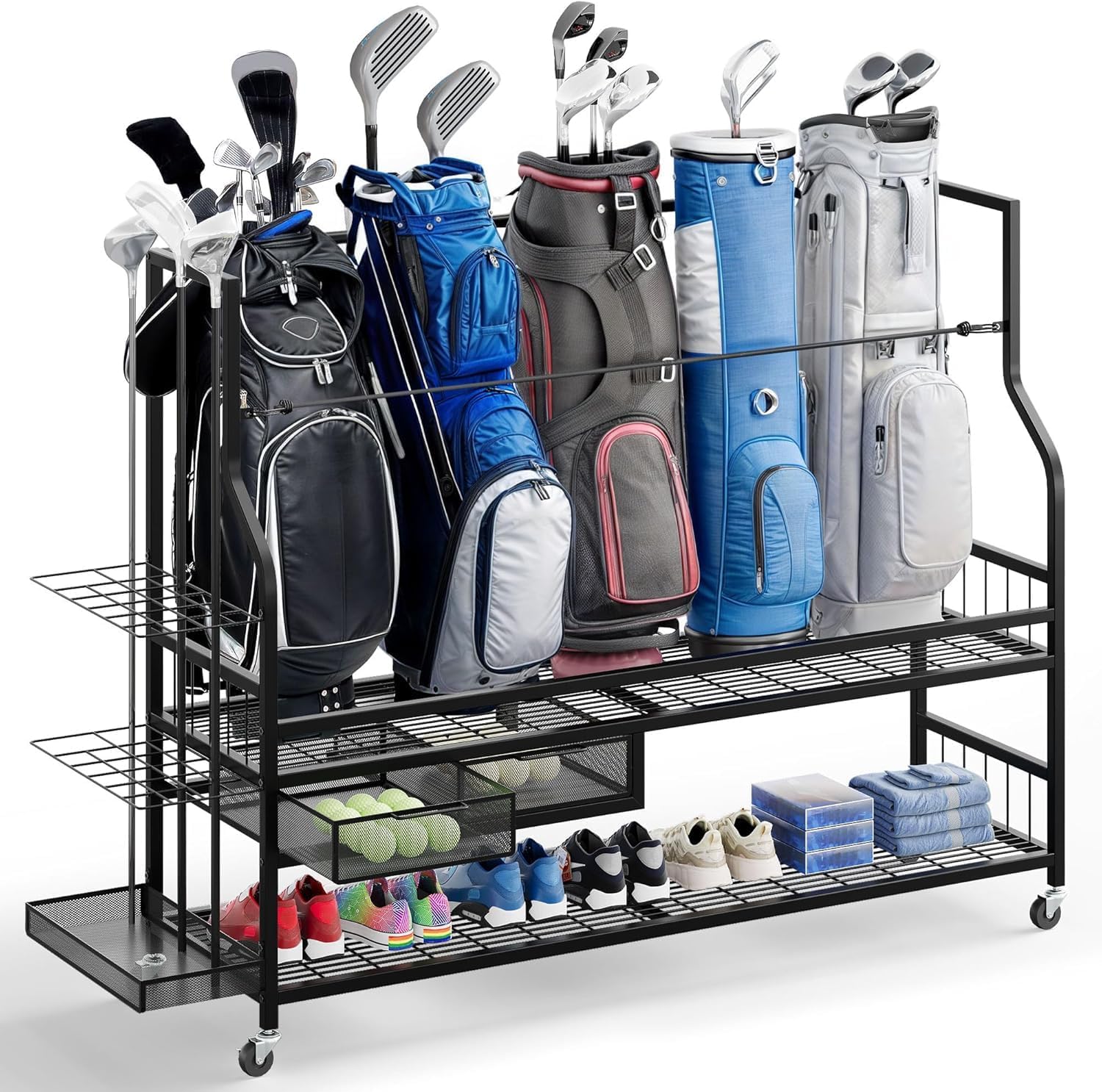 DWVO Golf Bag Organizer for Garage, Golf Storage Organizer w/Wheels for Garage Club and Shed, Golf Bag Storage Rack w/Drawer for Golf Bags, Clubs, Balls and Other Equipment Accessories