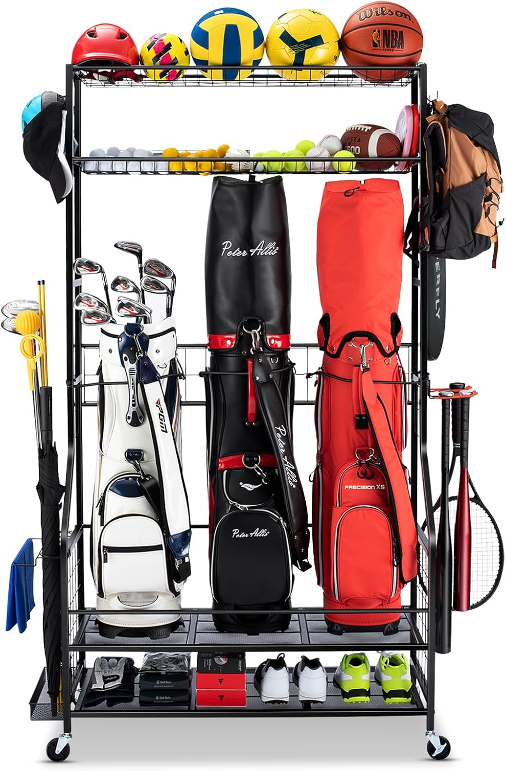 Golf Bag Storage Garage Organizer, 3 Golf Bag Stand and Sports Equipment Storage Rack for Garage with Wheels, 4 Hooks, Golf Accessories Storage Rack with Extra Golf Clubs Display Rack