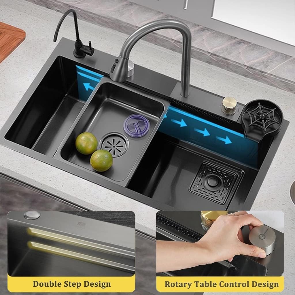 Waterfall Kitchen Sink Single Bowl Stainless Steel Bar Sink with Pull-Out Faucet, Booster Cup Washer Chopping Board and Other Accessories (Color : Black, Size : 80x45x22cm)