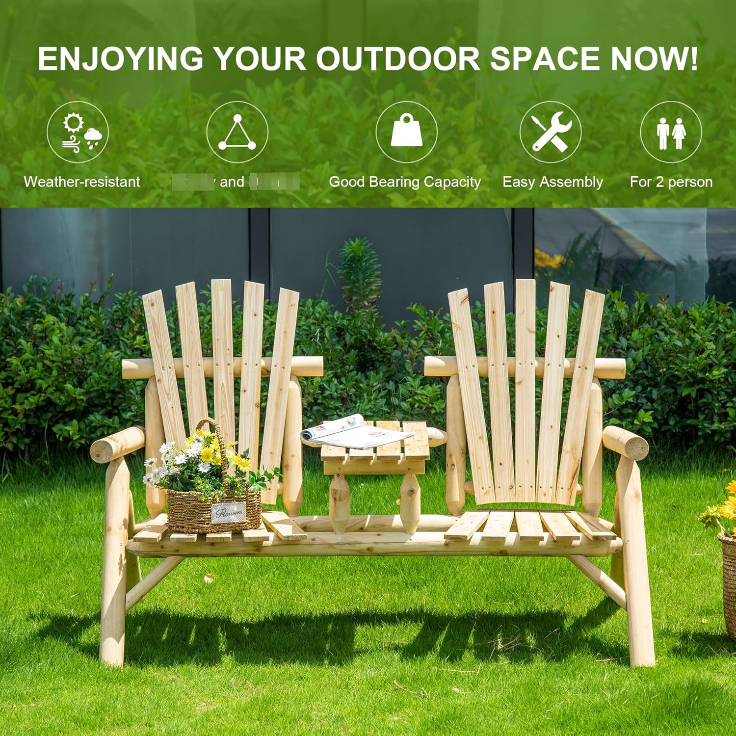 Wooden Chair with Table for Outdoor Spaces, 2 Patio Fire Pit Chair, Natural Backyard, Deck, Porch Table, Porch, Texture