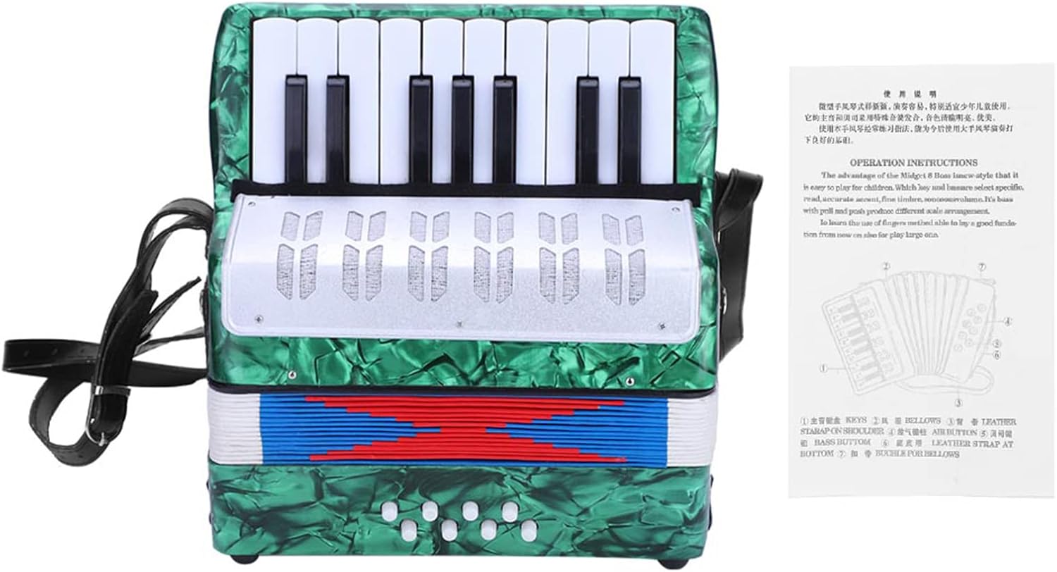17 Key 8 Bass Piano Accordion, ABS with Celluloid Decor Concertina Musical Instrument for Beginners Students, with Adjustable Strap and Manual (Green)