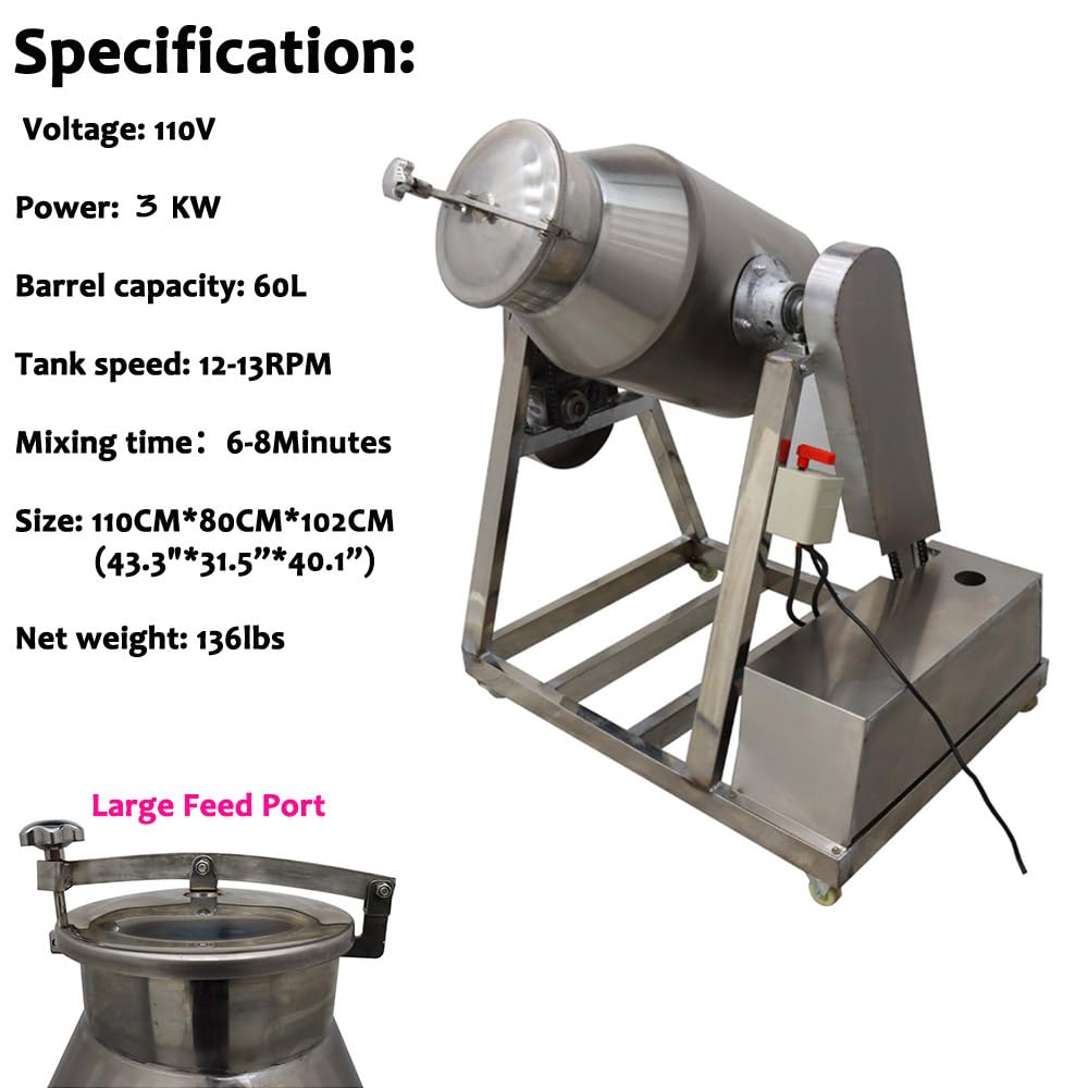 Stainless Steel Dry Powder Mixer Metal Powder Blender Granular and Food Drum Mixing Machine, 110V, 3KW, 60L