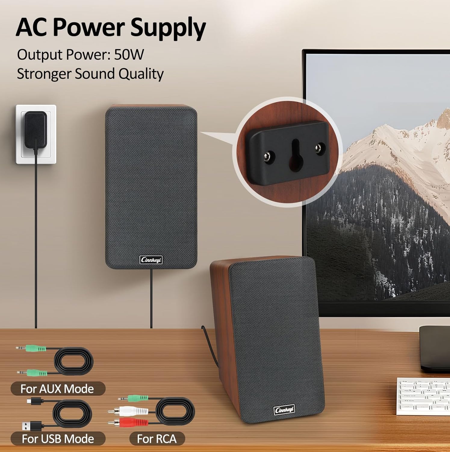50W Wooden Bookshelf Speakers, Passive 2.0 Computer Speakers,PC Speaker Bluetooth/RCA/AUX（3.5mm）/USB Inputs TV Speakers for TV/PC/Laptop/Turntable, Strong Bass TV/Turntable Speaker