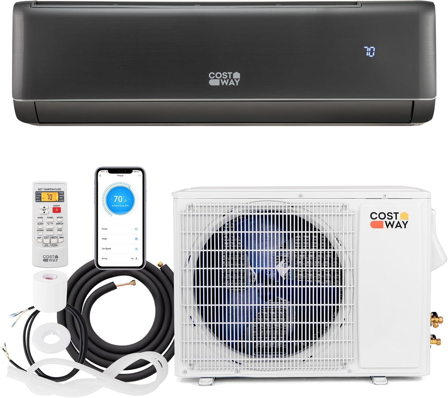 COSTWAY 24000 BTU Wifi Enabled Mini Split Air Conditioner & Heater, 21 SEER2 208-230V Inverter AC Unit Cools Rooms up to 1500 Sq. Ft, Energy Efficient Split AC w/Heat Pump
