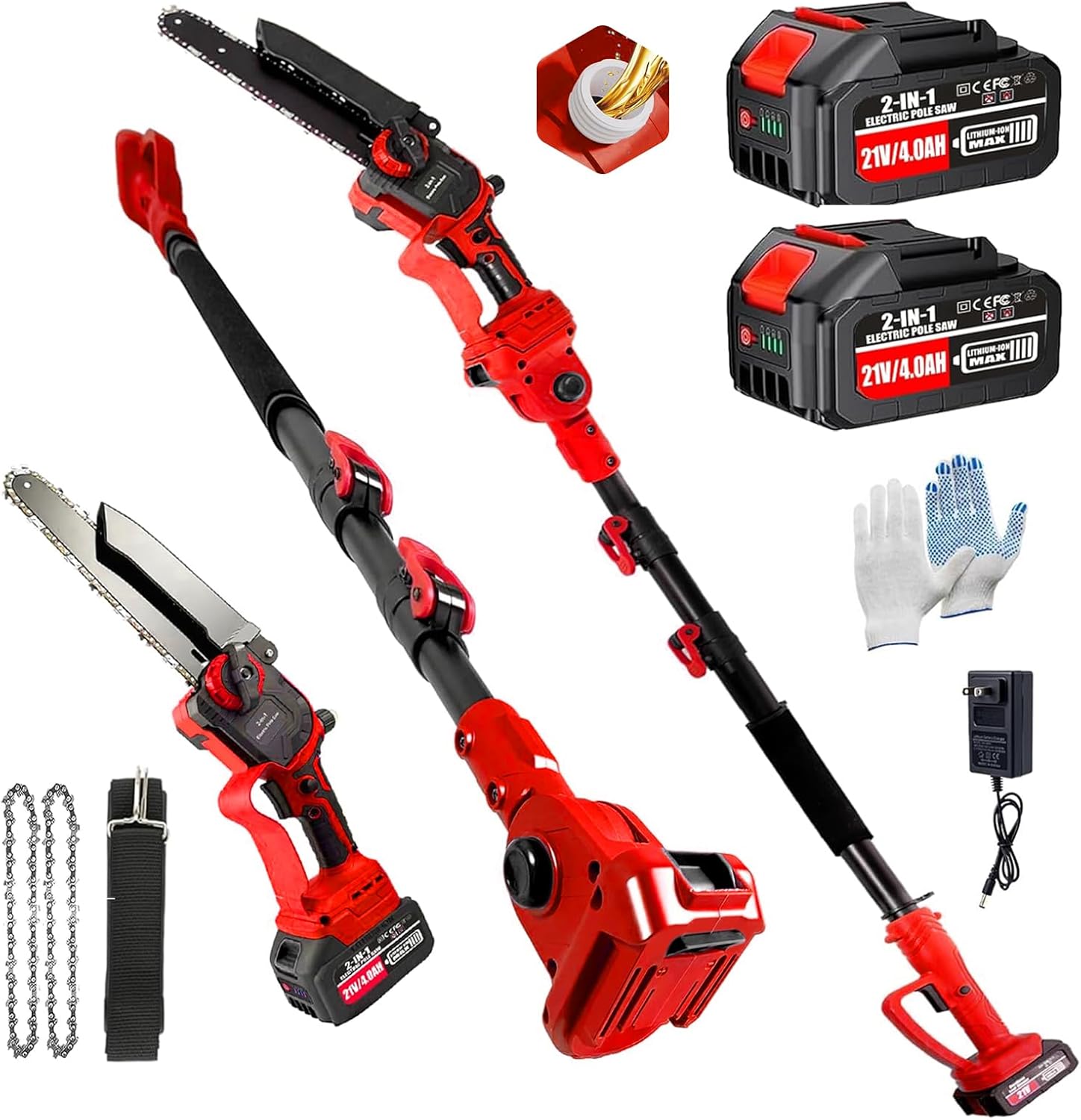 2-IN-1 Cordless Pole Saw for Tree Trimming, Brushless 8 Inch Electric Mini Chainsaw with 2 Pcs 4.0Ah Batteries&Extension Pole, 15.8 FT Max Pole Saws Battery Powered, Tree Trimming & Branch Cutting