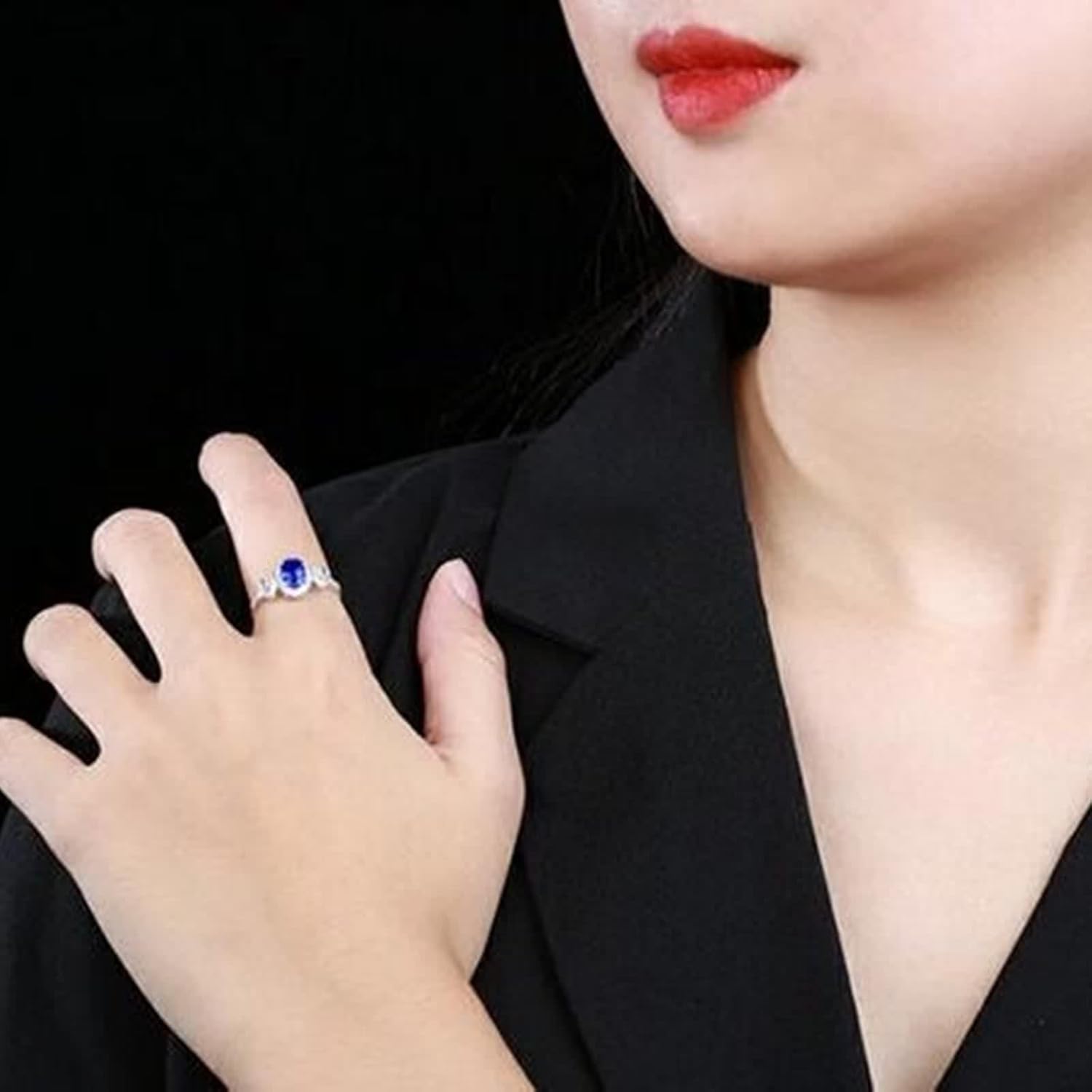 18K White Gold Engagement Ring, Women's Ring Lab Created Sapphire 4 Claws White Gold Band with Moissanite Birthday Gift for Her