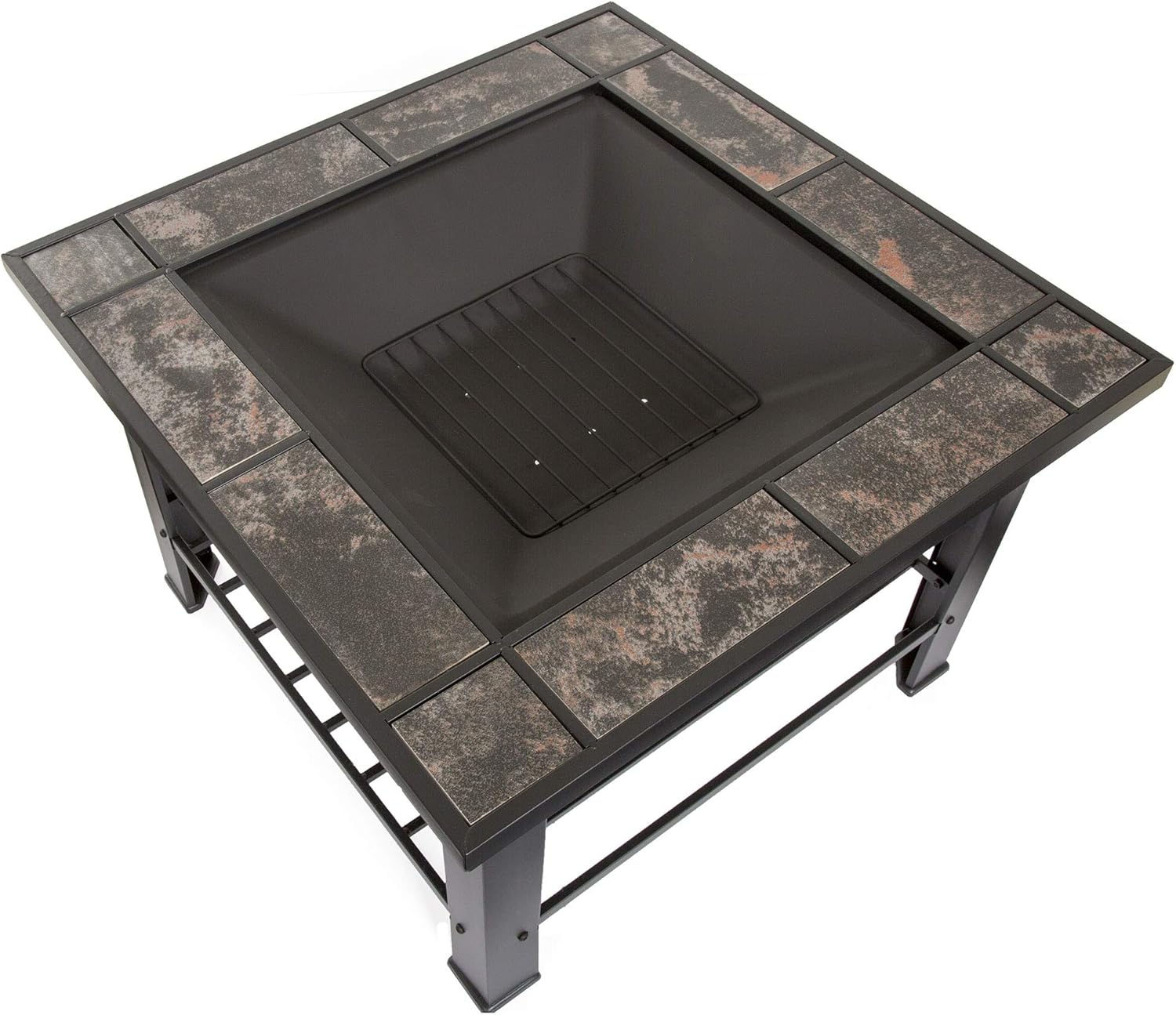 Pure Garden Fire Pit Set, Wood Burning Pit - Includes Screen, Cover and Log Poker - Great for Outdoor and Patio, 30 inch Square Marble Tile Firepit