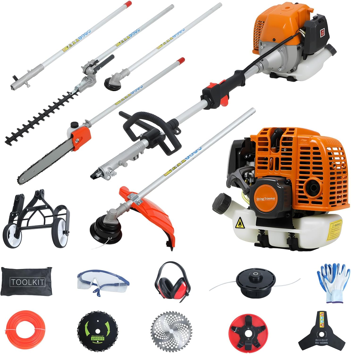 8 in 1 Multi Functional Gas Powered Trimming Tool, 52cc 2 Stroke Weed Eater, Hedge Trimmer, Brush Cutter, String Trimmer, Edger, Pole Saw, Chainsaw Pruner, Extension Pole for Yard Maintenance (Orange)