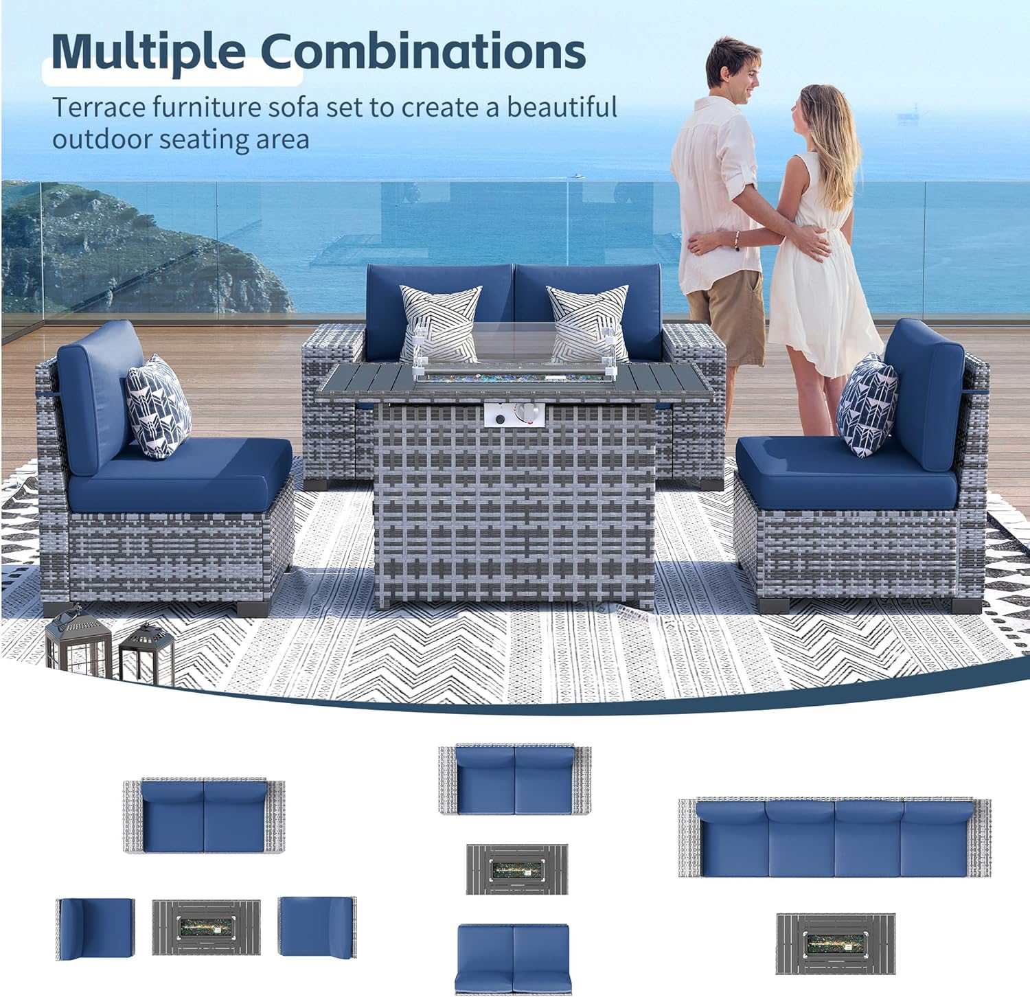 UDPATIO 13 Piece Patio Furniture Set with Fire Pit Table, 8''Wide Armrest Modular Rattan Outdoor Sectional Sofa Set,Wicker Patio Conversation Sets for Backyard,Deck w/ 4'' Cushions,Cover(Grey/Blue)