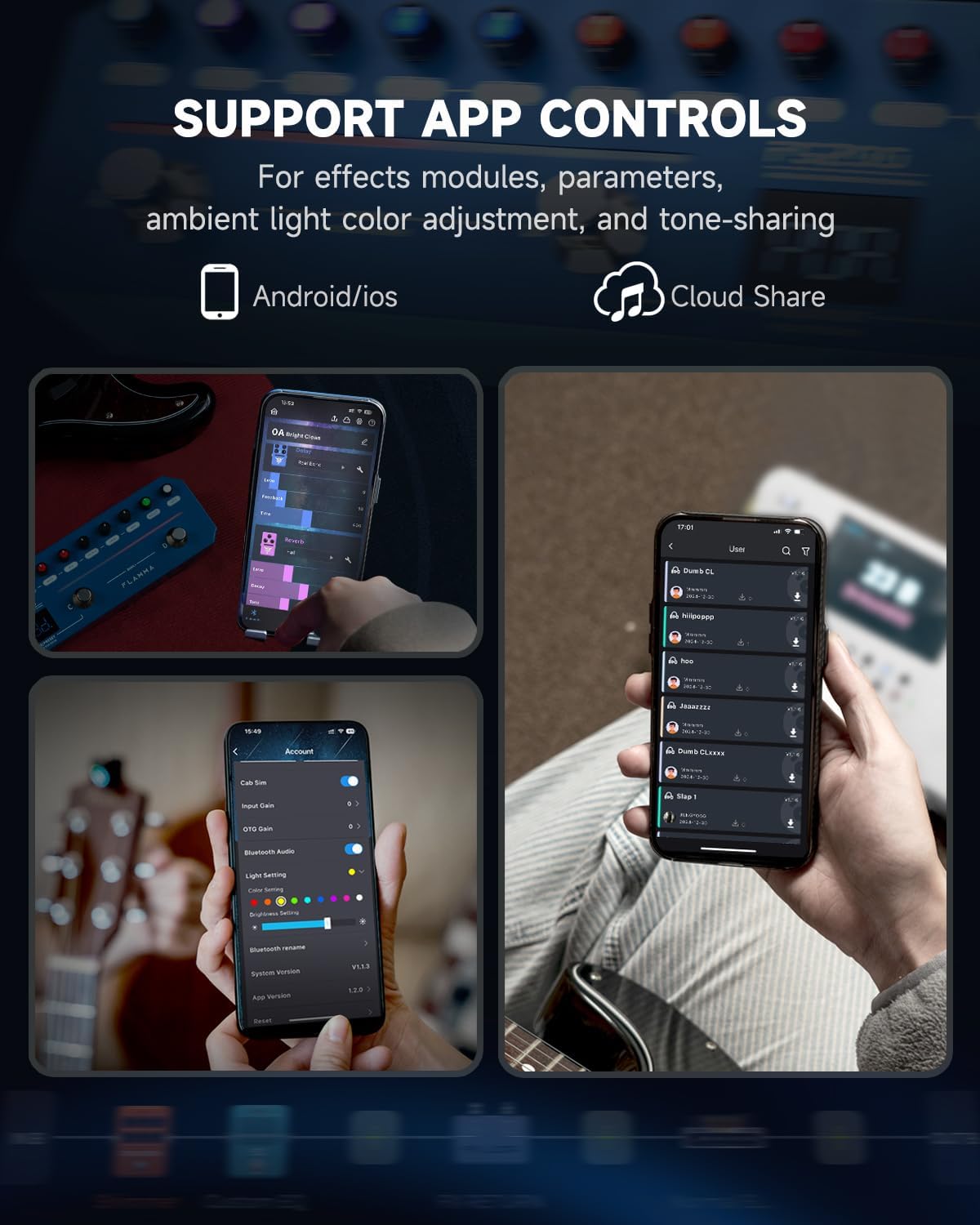 FLAMMA FG200 Intelligent Multi-Effects Guitar Pedal with 52 AMP Models 5 BOOST Models 16 CAB Simulations 7 Effects Modules 9 IR Slots 40 Presets 40 Rhythm Styles Support APP OTG