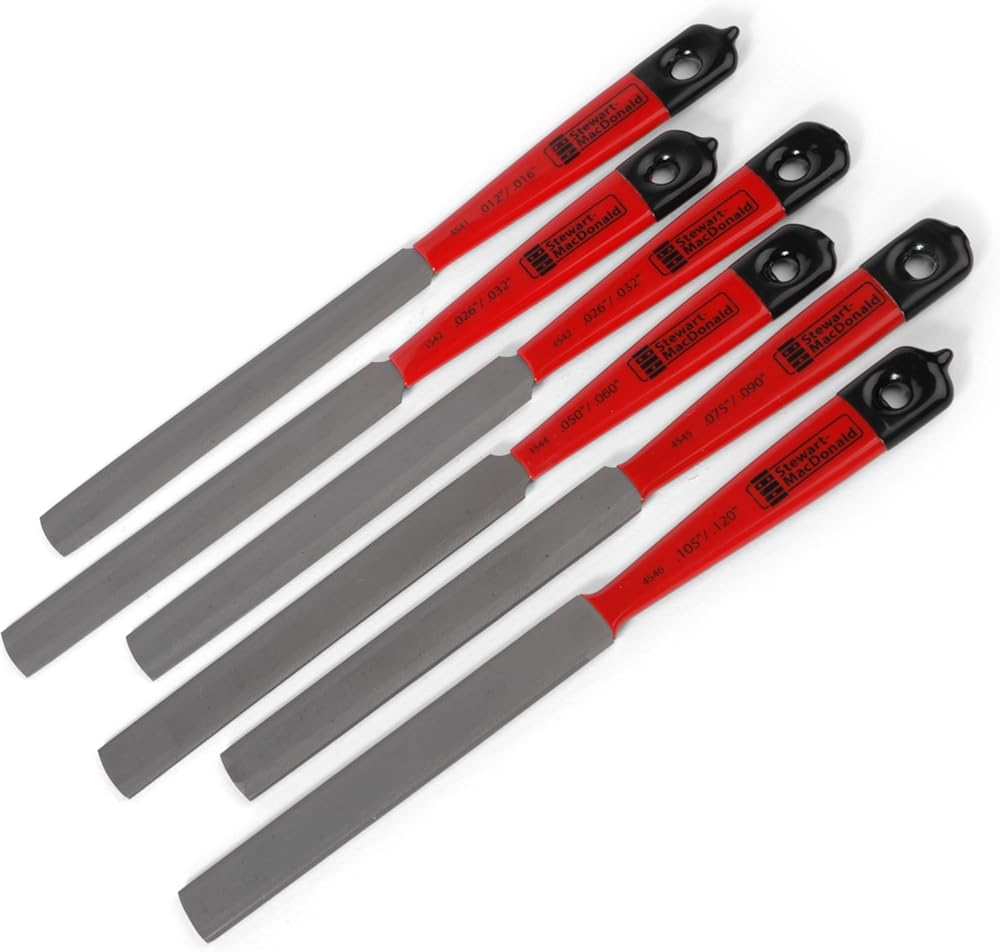 StewMac Double-Edge Nut Slotting Files, Set of 6 - for Guitar & Bass – Dual-Gauge Nut Files with Rubber Handles – Pro Quality Luthier Tools