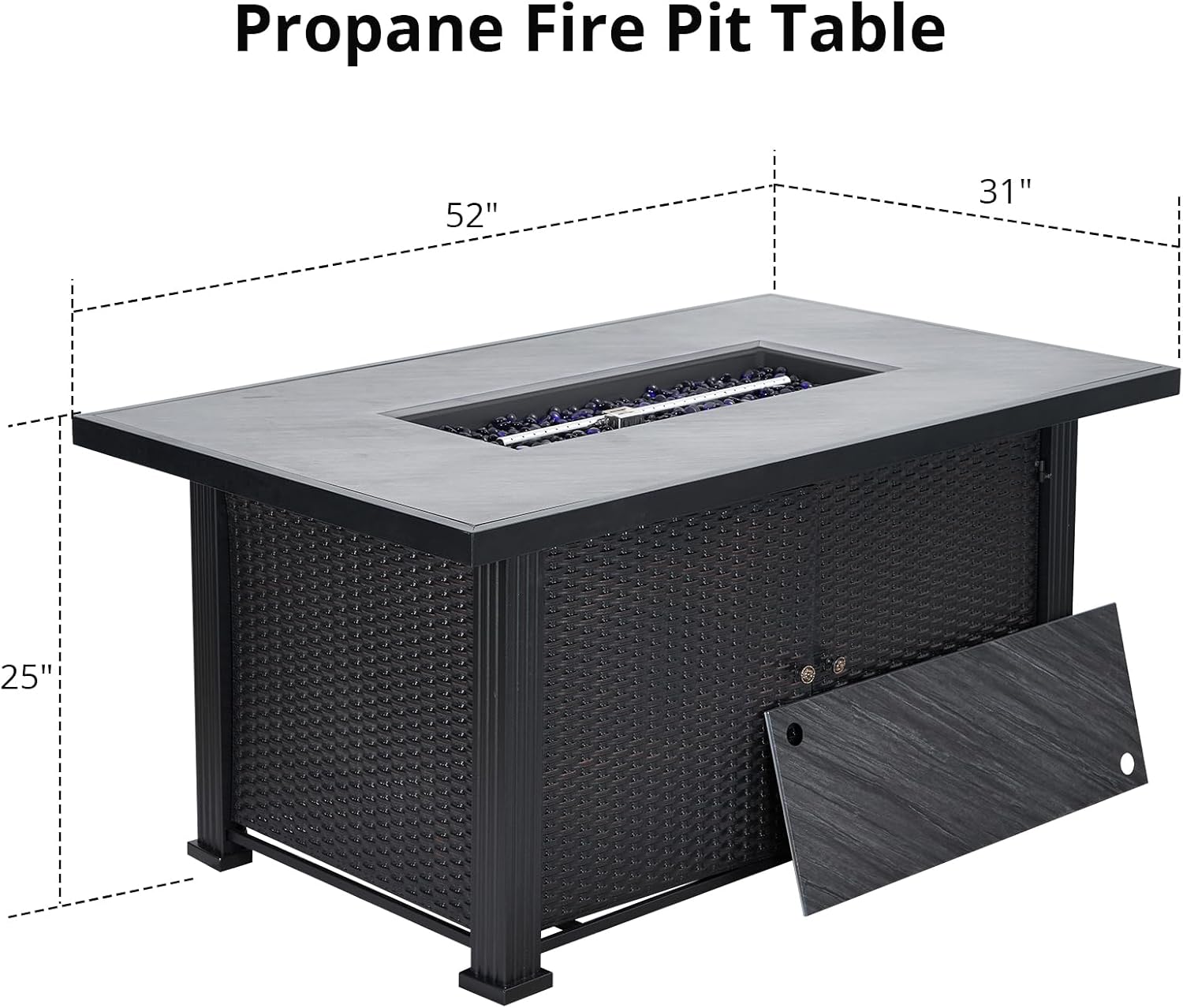 Acekool 52 Inch Propane Fire Pit Table, 50,000 BTU Outdoor Rectangular Propane Firepit Table with Steel Tabletop, Lid, Rain Cover, 2 in 1 Firepit Table for Patio Deck Garden Backyard, Black