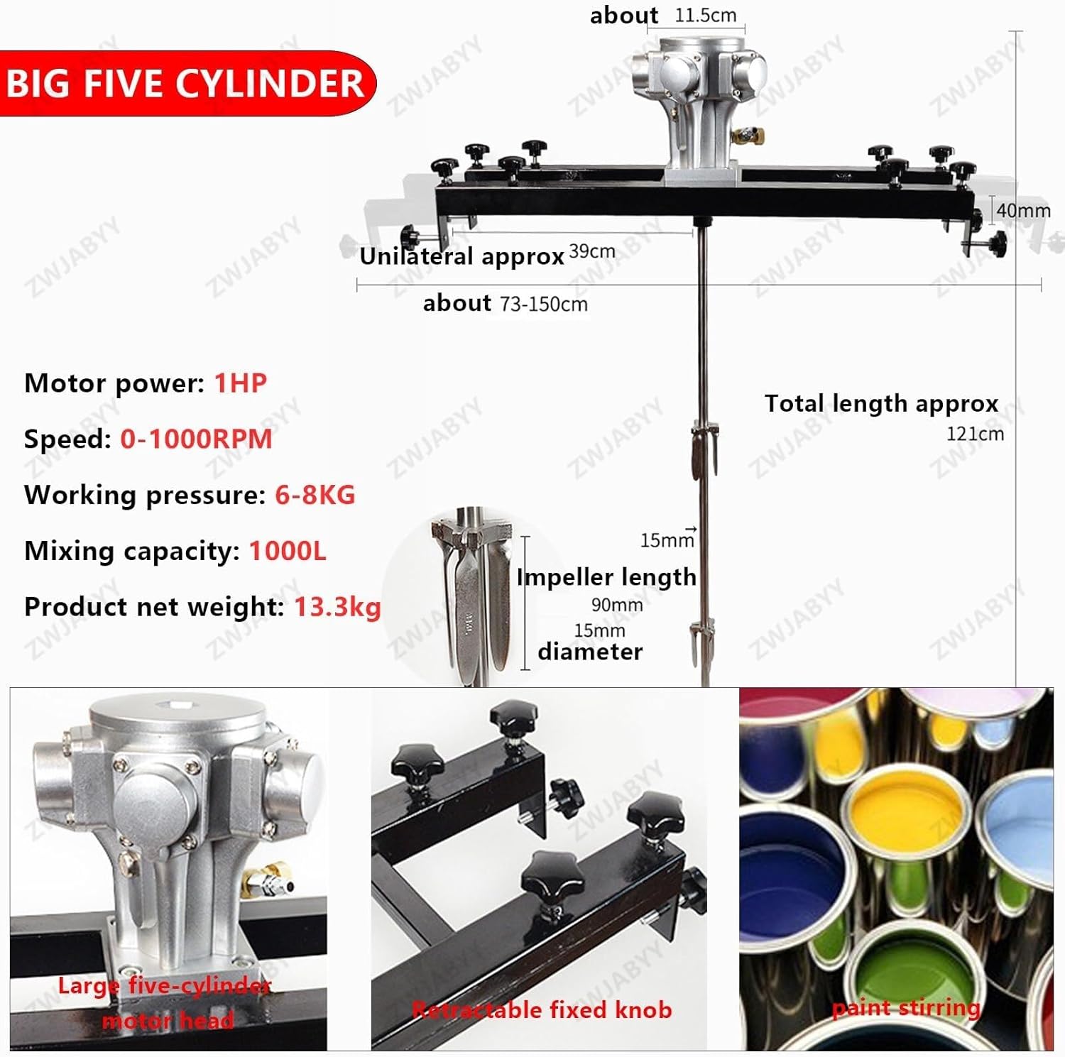 IBC Agitator,Electric Tank Mixer Machine, Commercial Paint Stirring Machine with Support Hanger,Paint Mixing Equipment,for Ink Dissolver Agitator (Size : Large5cylinders)