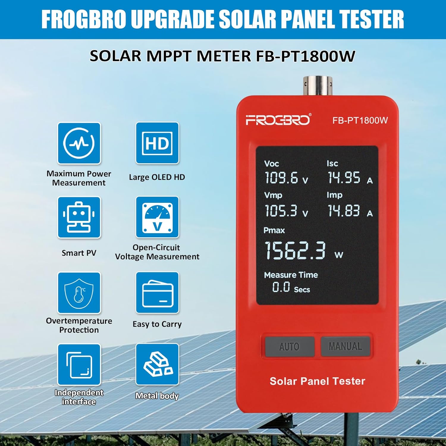 FrogBro 1800W Solar Panel Tester – PV Multimeter with Smart MPPT & HD OLED Display for Solar Panel Diagnostics and Data Analysis