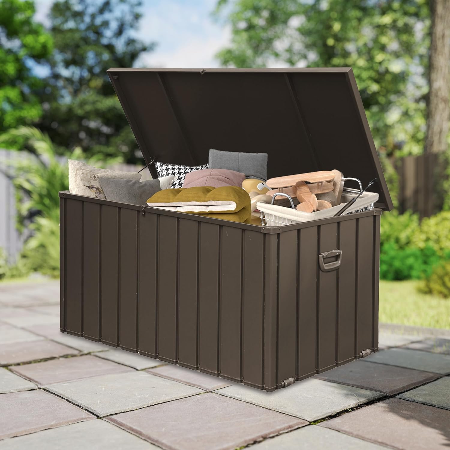 Domi Deck Box 190 Gallon, Waterproof Lockable Steel Outdoor Storage Container for Outside Cushions, Garden Tools and Pools Equipment, Brown