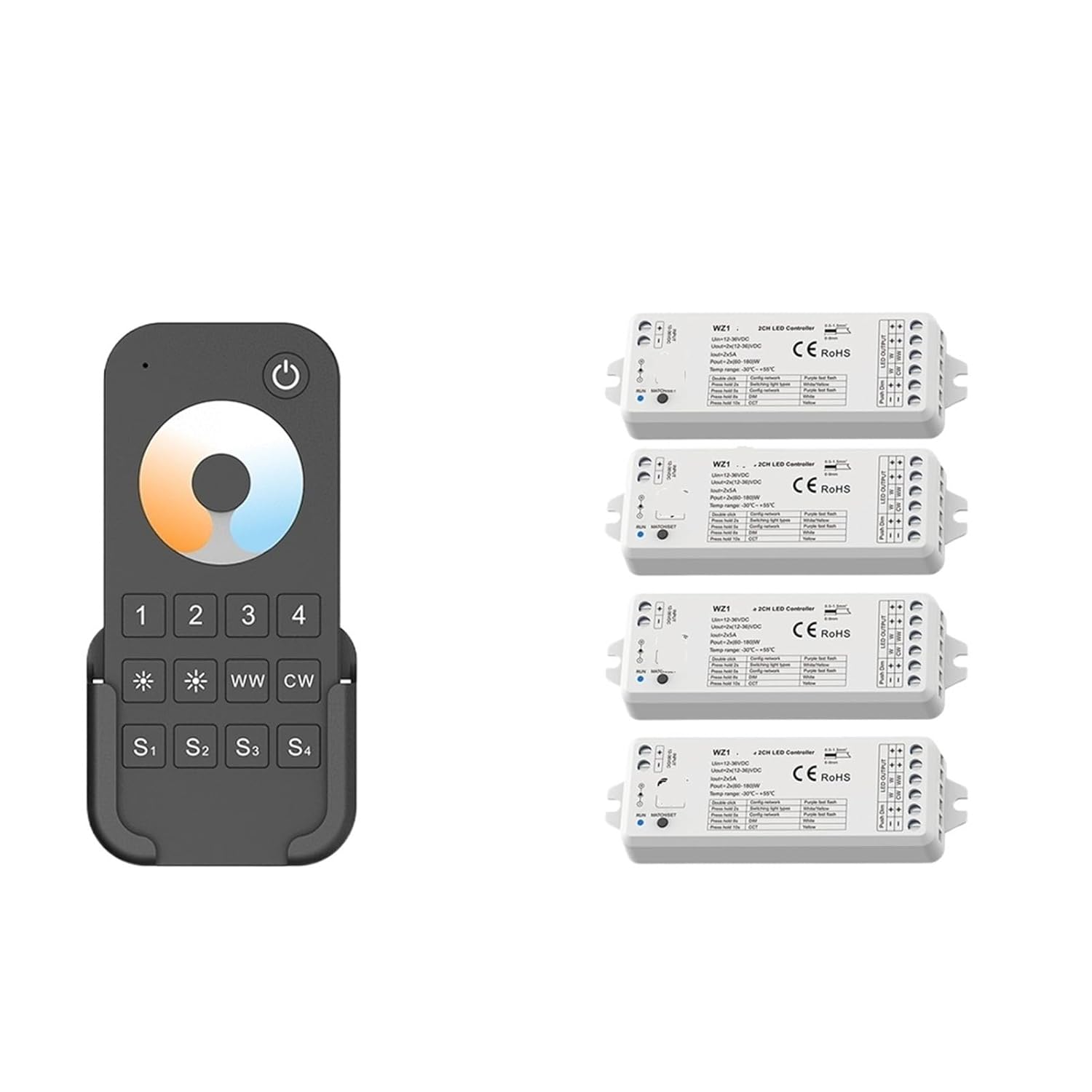 2 Channel LED Controller Dimmer 12V 24V 36V 4 Zone LED Light Strip Dimming Kit Remote Control(4xWZ1 and 1XRT7 KIT)