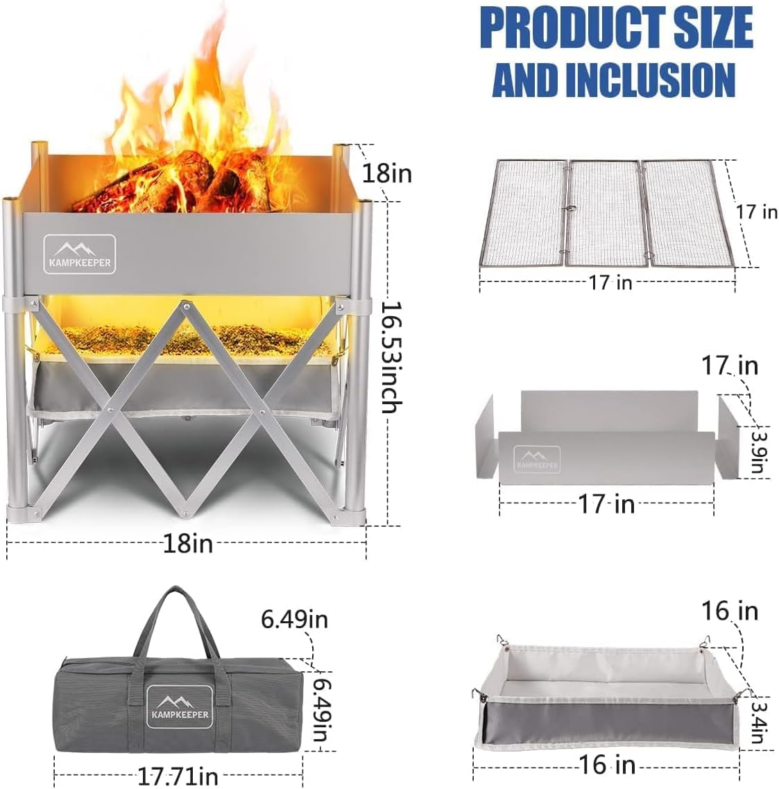 KAMPKEEPER Portable Fire Pit, Outdoor Tabletop Firepit 18 Inch, 304 Stainless Steel Wood Burning Fireplaces, Collapsible Pop Up Fire Pit for Outside, Included Heat Shield for Leave No Trace Fires