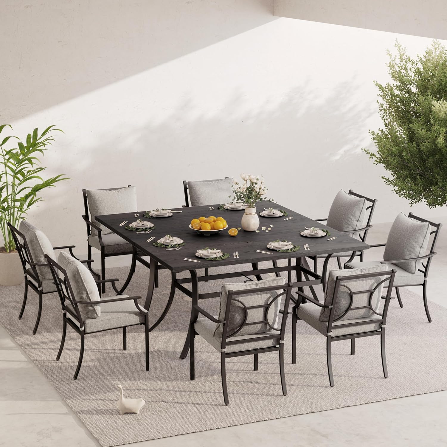 Grand patio 10-Piece Patio Dining Set for 8, 8 E-Coated Outdoor Dining Set Fixed Patio Dining Chairs with Olefin Cushions & 2 Rectangular Faux Woodgrain Table with 1.5”Market Umbrella Hole