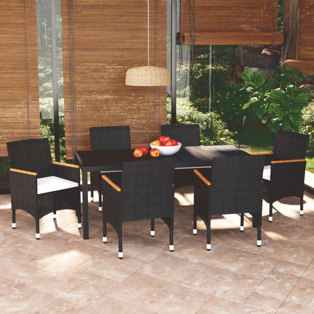 7 Piece Patio Dining Set with Cushions Poly Rattan Black Garden Furniture