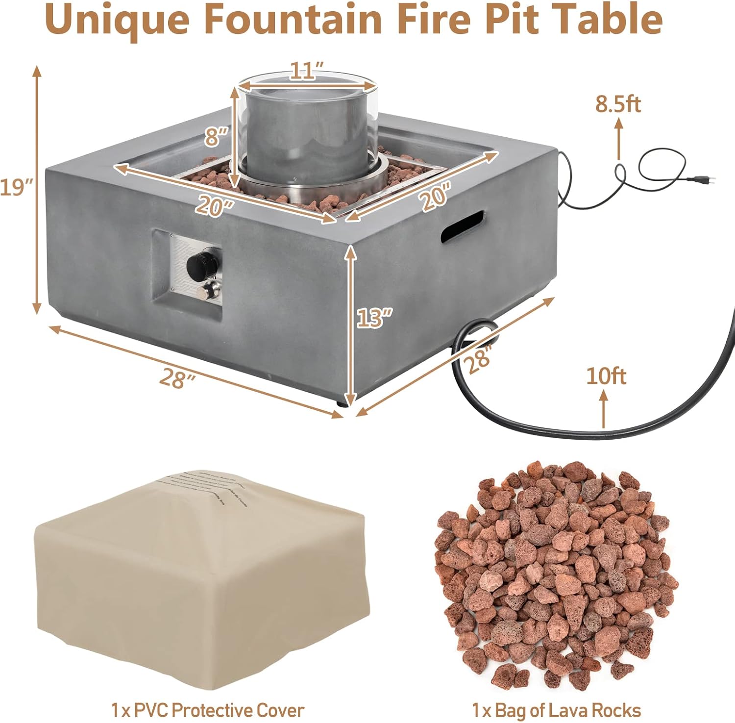 Tangkula 28” Fire Pit Table with Fountain, 50,000 BTU Square Fire Table with Stainless Steel Burner, Wind Guard, Lava Rocks & PVC Cover, Outdoor Magnesium Oxide Propane Fire Pit for Poolside Backyard