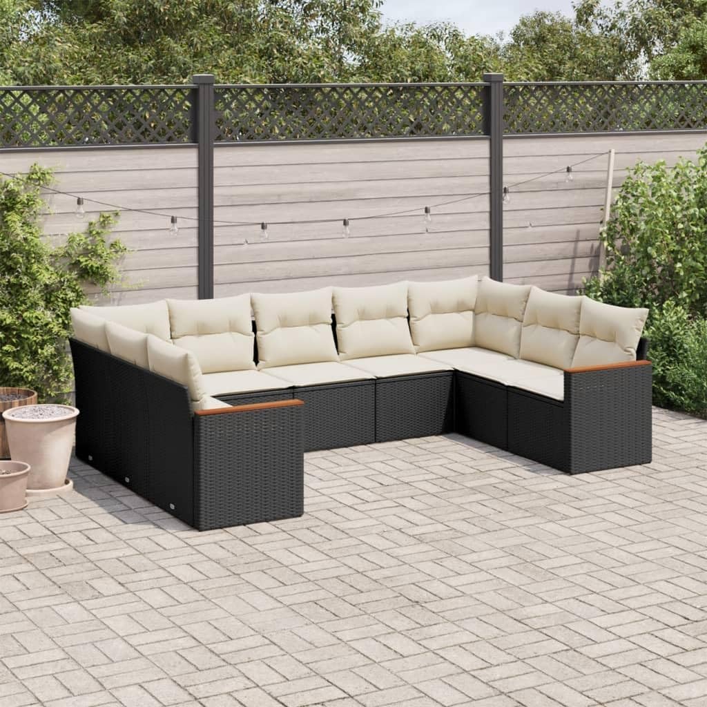 9 Piece Patio Sofa Set with Cushions Black Poly Rattan, Modular Outdoor Furniture with Removable Washable Covers and Storage Function