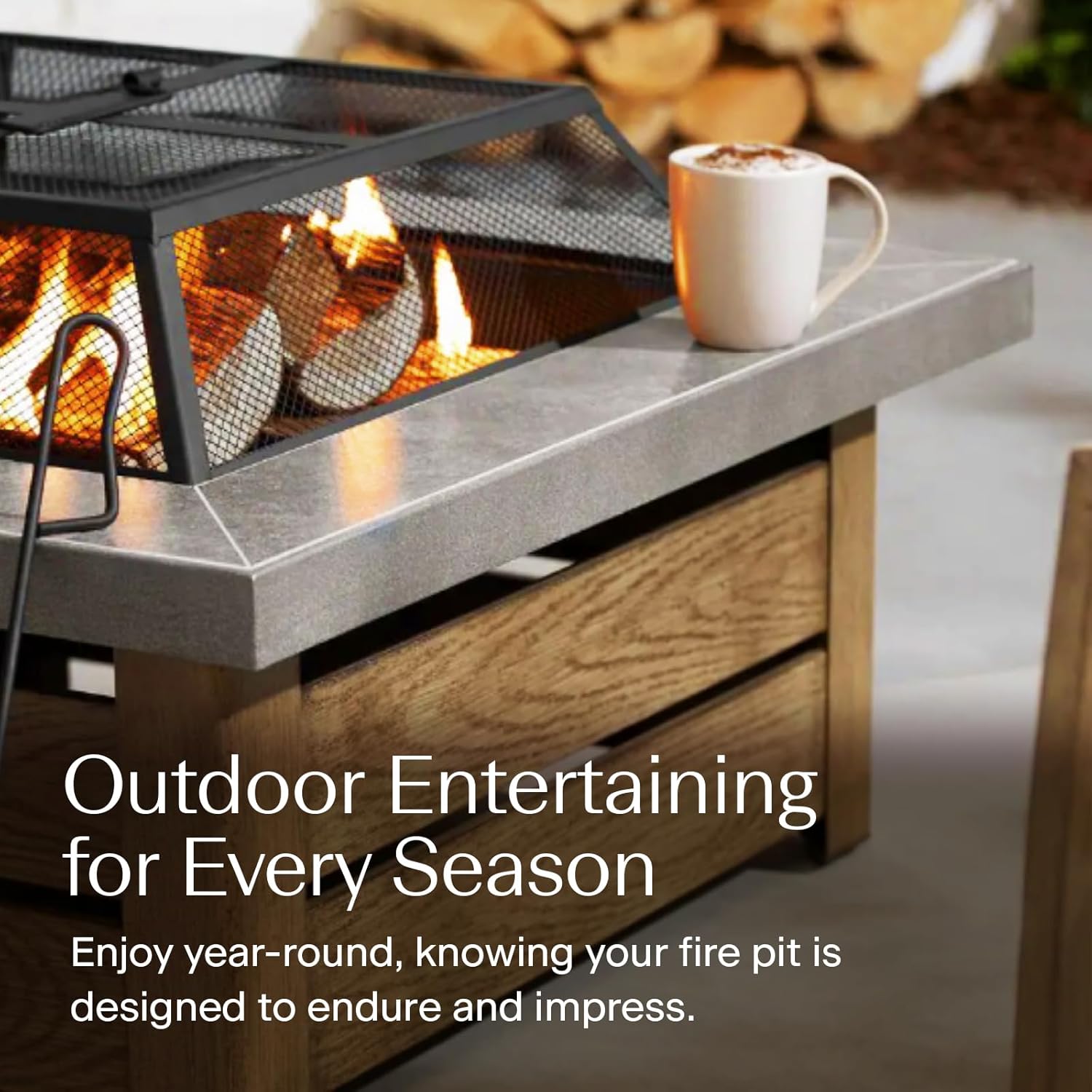 Honeycomb Outdoor Edisto Wood Burning Fire Pit with Cover and Poker, Matte Black Frame, Ceramic Tile Tabletop