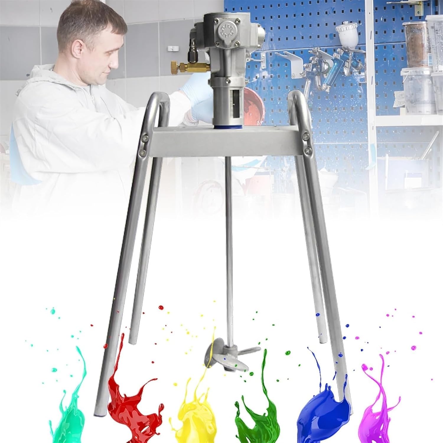 Automatic Pneumatic Paint Mixer Machine, 5 Gallon 60L Lifting Platform Paint Coating Mixer, With Auxiliary Stand & Wheel Mixer, for Paint Coating Materials Viscous Liquid Ink
