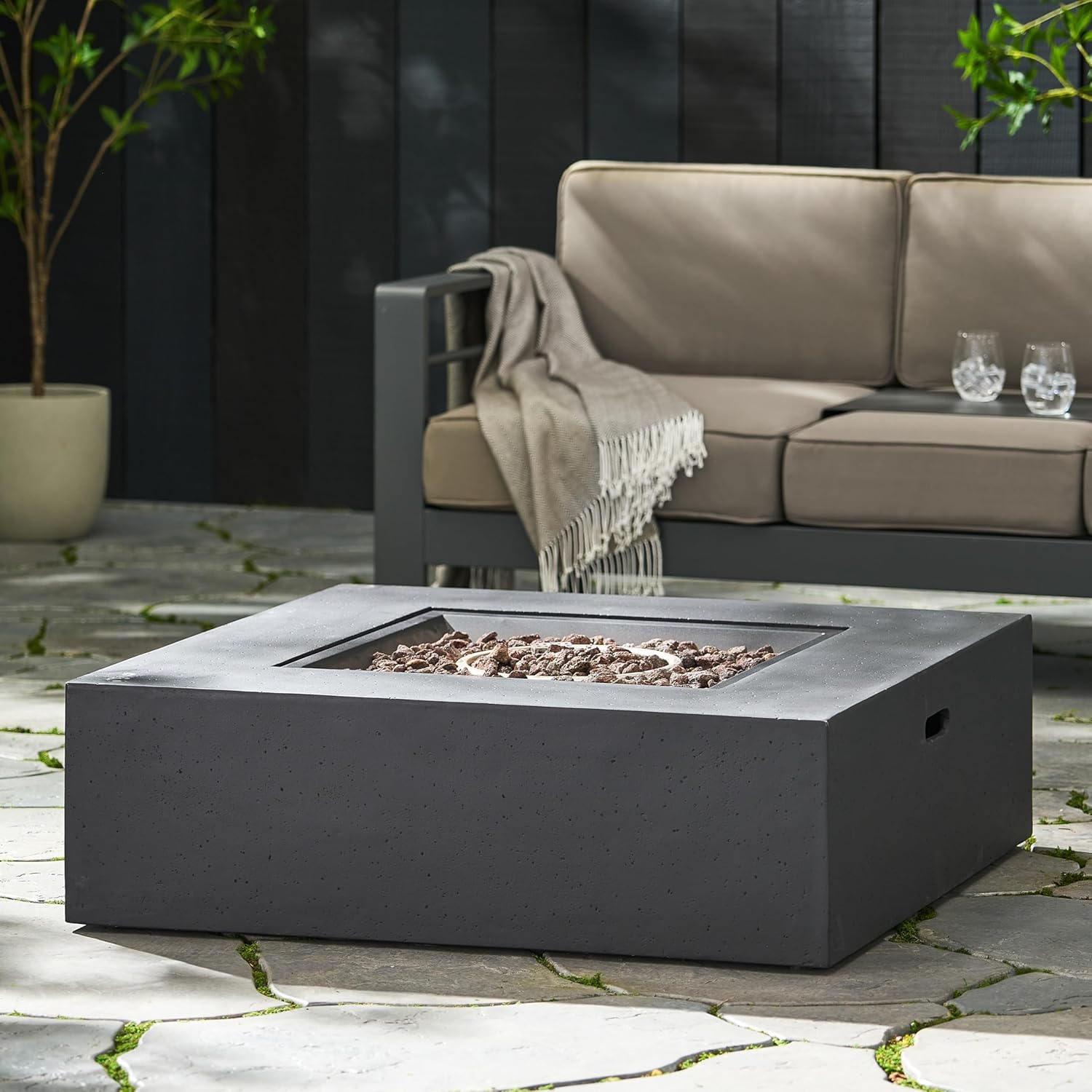 50,000 BTU Propane Fire Pit Table – Square Outdoor Gas Fire Table with Lava Rocks, Modern Concrete Design, 40 Inch Large Patio Heater for Garden, Backyard, Lawn, No Assembly, Dark Grey