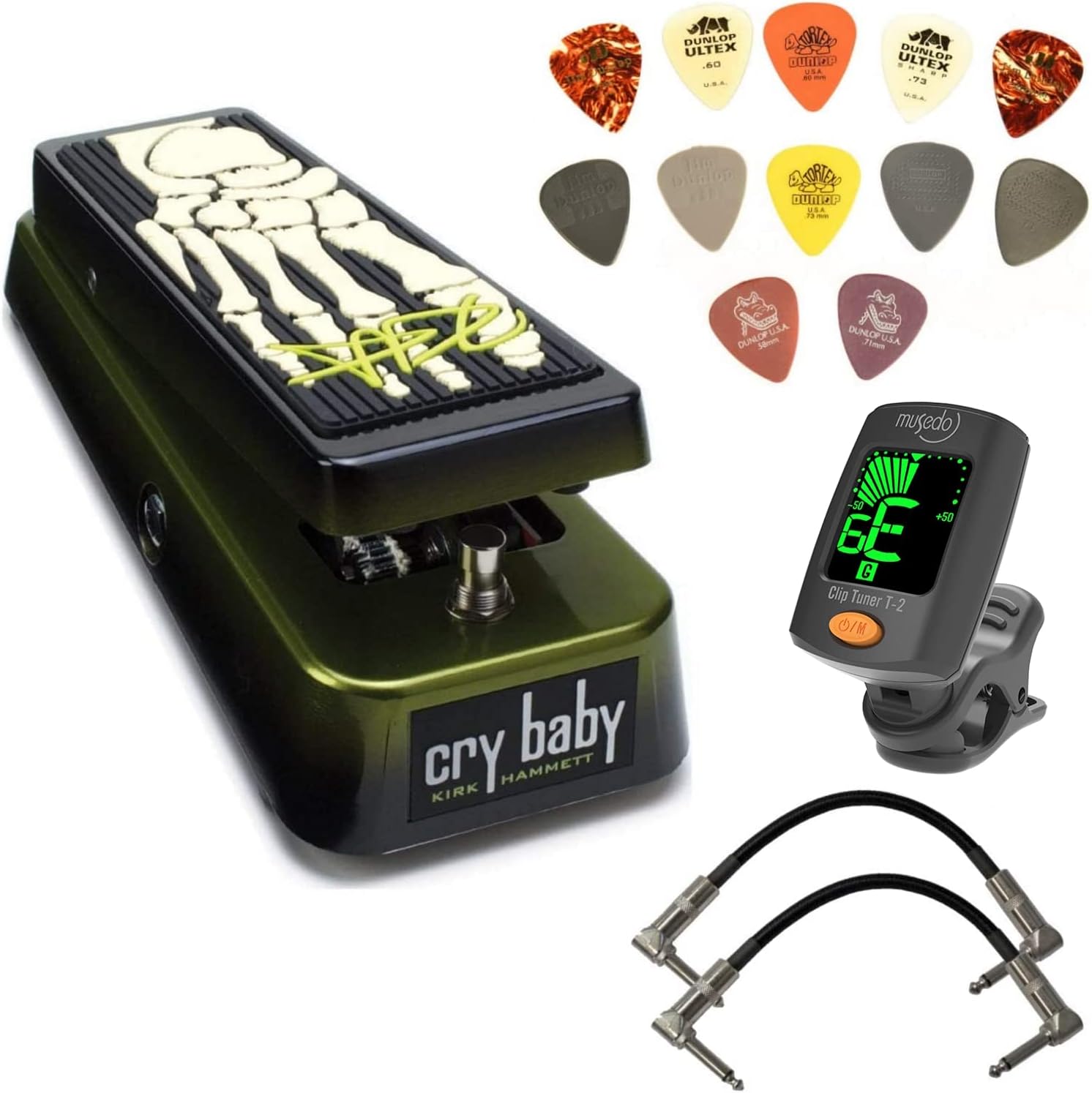 Dunlop KH95 Kirk Hammett Signature Cry Baby Wah Pedal Bundle with 2 Patch Cables, Clip-On Tuner, and Dunlop PVP101 Pick Pack