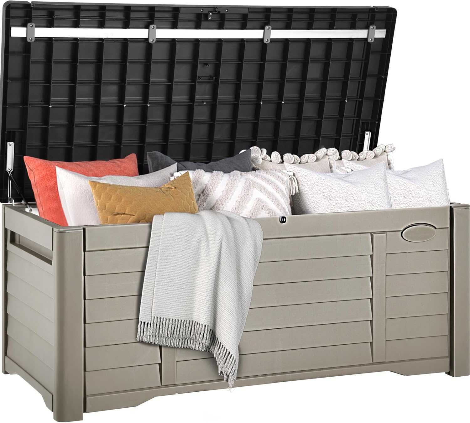 DWVO 120 Gallon Outdoor Storage Box, Large Resin Deck Box with Louver Design, Lockable Patio Storage Bin for Indoor and Outdoor Use, Pillows, Tools, and Pool Supplies -Black & Brown