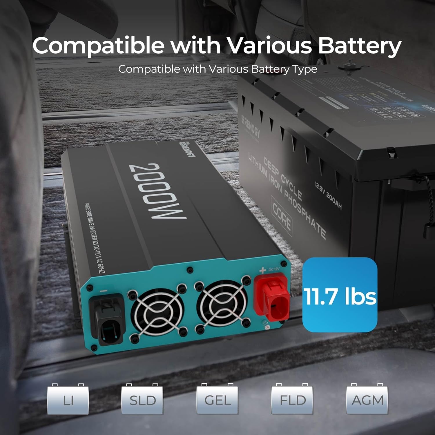 Renogy Inverter P2 2000 watt Pure Sine Wave Inverter, Solar Car Power Inverter 12V to 120V AC Converter for RV, Truck, Camping, Home Backup, Outdoor, Emergency, Off-Grid Living, 16.4FT Remote Control