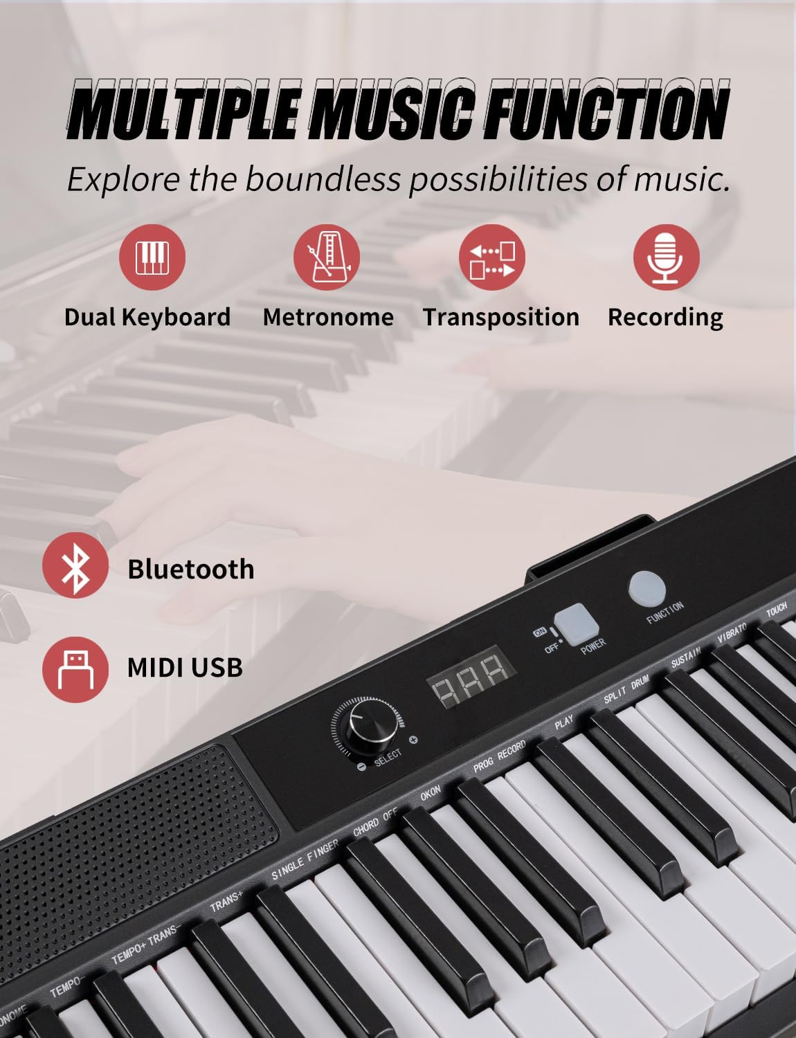 88 Key Semi-weighted Electronic Keyboard Piano,Full Size Digital Piano Portable Keyboard with Stand, Sustain Pedal, Power Supply，MIDI/USB/MP3 Function for Beginners at Home/Stage（Black）