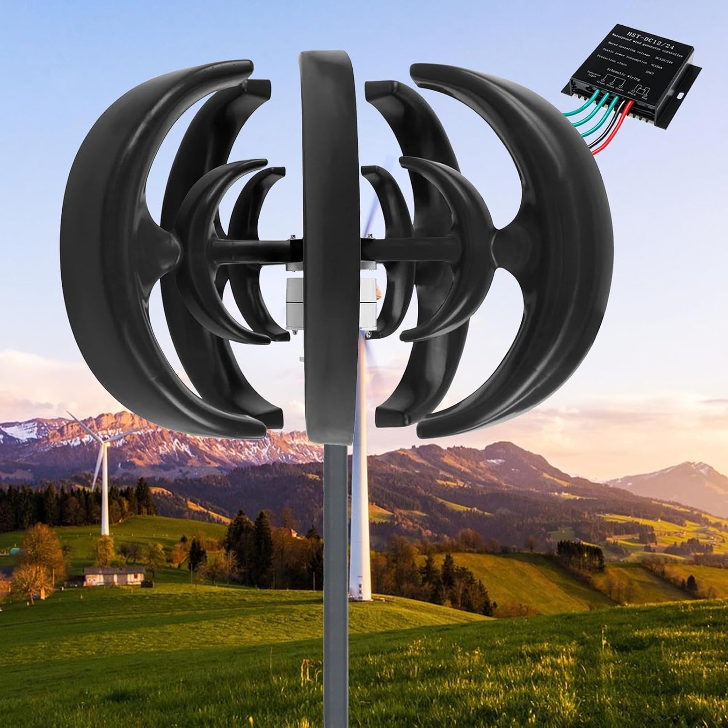 10000W Wind Turbine Kit, 12V/24V Vertical 5-Blade Generator, 3-Phase AC Permanent Magnet, Perfect for Home & Street Lighting, Complete with Controller - Energy Efficient Black