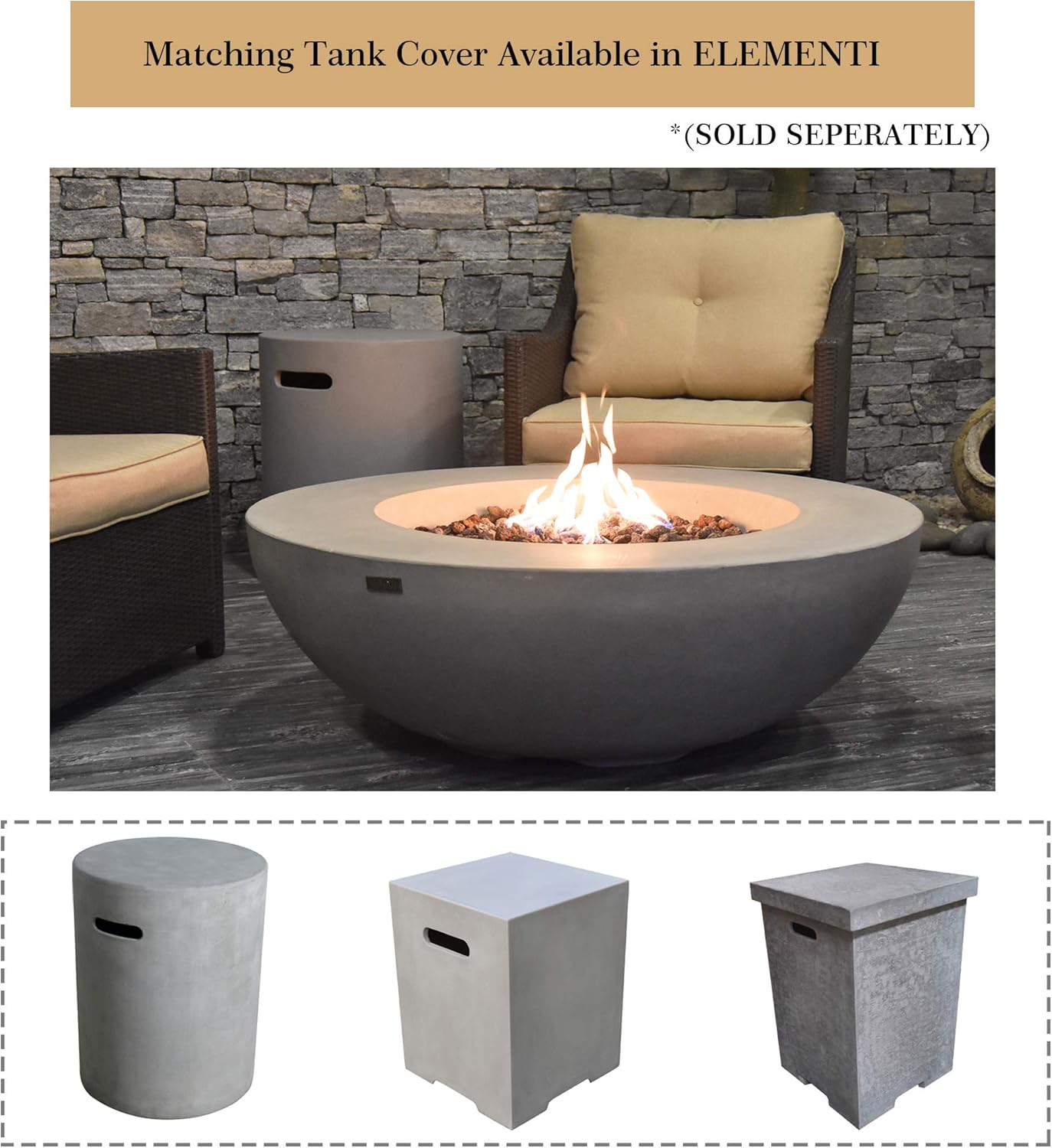 Elementi Outdoor Fire Table Propane Fire Pit Garden Fireplaces 45,000BTU Firepit Patio Round Fire Bowl with 13.2lbs Lava Rocks,ELEMENTI Lunar Bowl Series, Garden Coffee Table,Grey