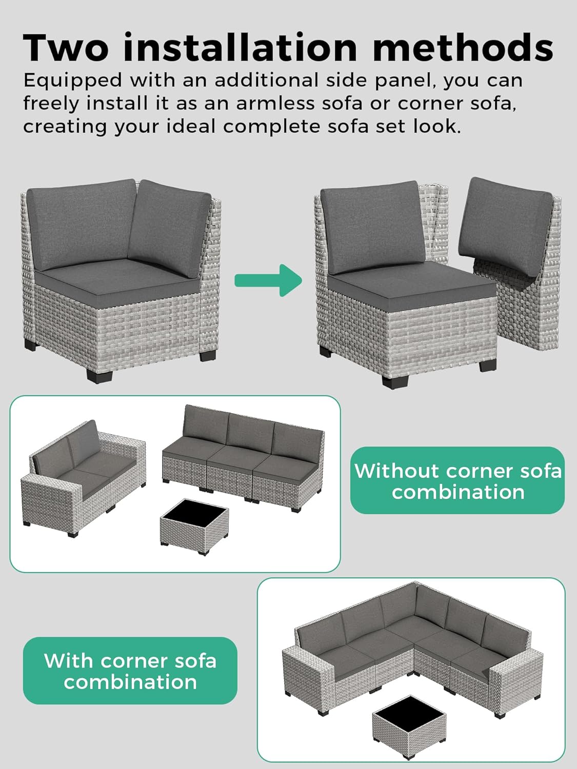 7 Piece Outdoor Wicker Rattan Sectional Sofa Set with Fire Pit Table, 5-Seats Conversation Set with 4