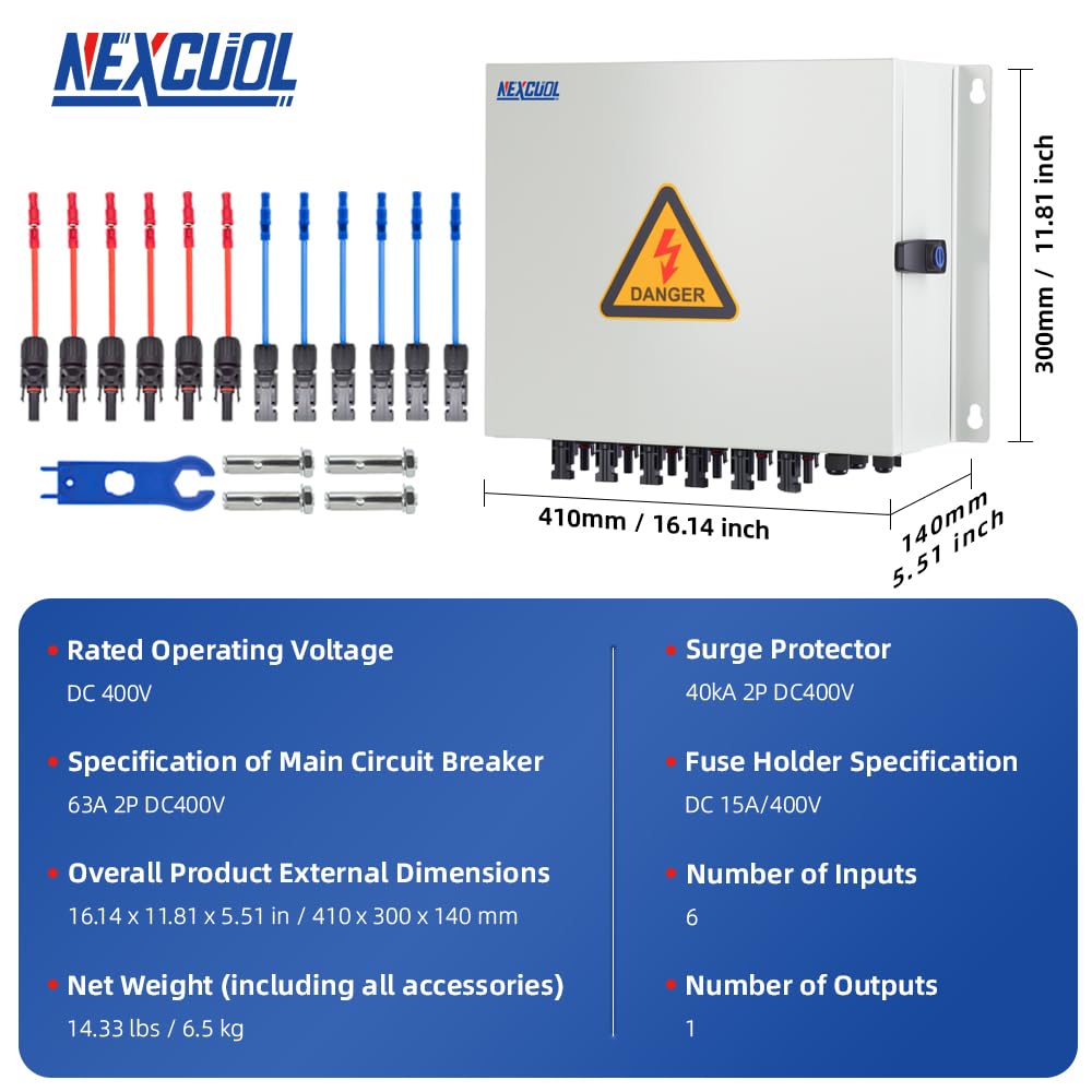 6 String Solar PV mc4 Metel Combiner Box 16A Rated Current Fuse 63A Air Circuit Breaker Out Door IP65 Waterproof (6 String- 16A)