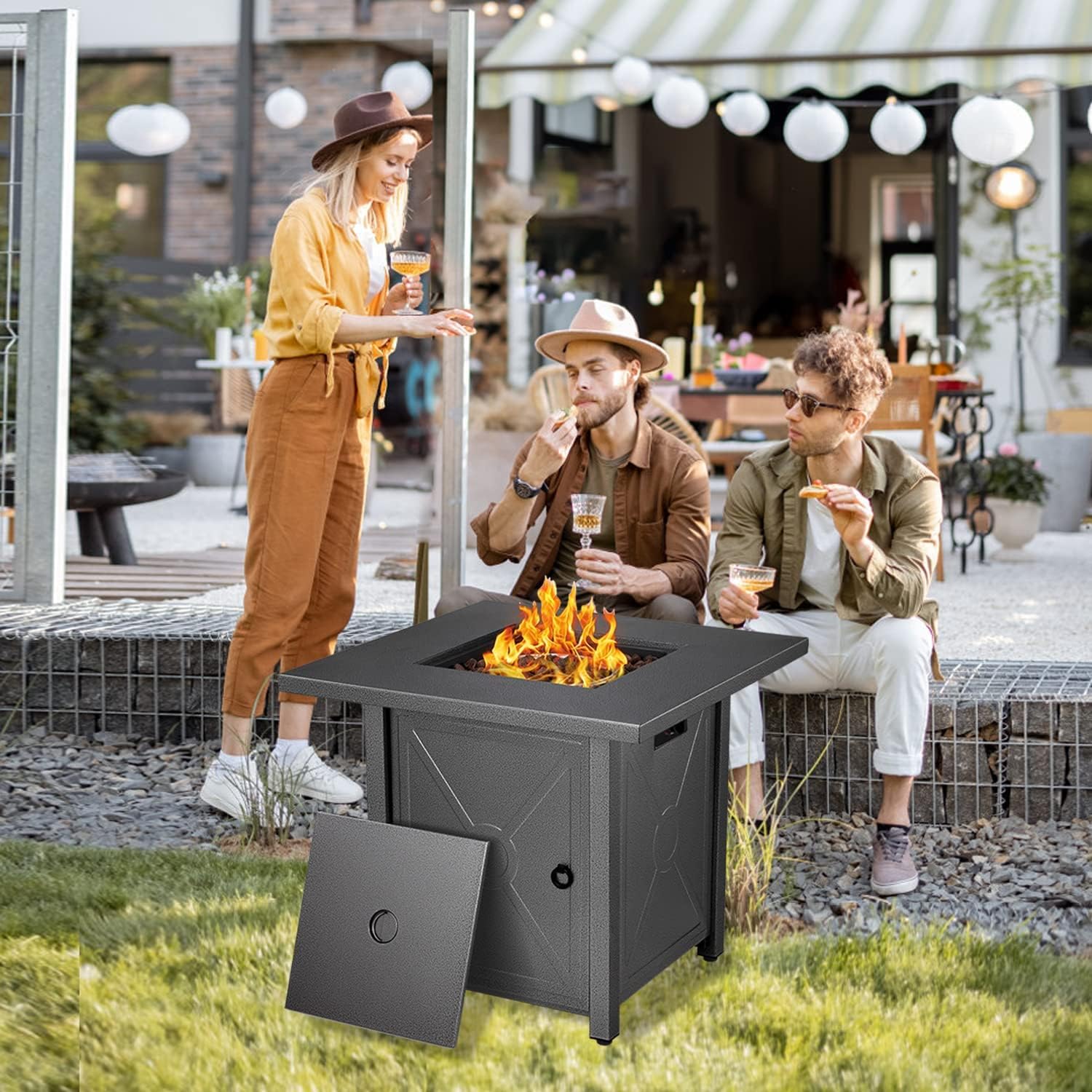Xbeauty 28in Gas Fire Pit Table, 50,000 BTU Outdoor Propane Firepit,40,000 BTU Auto-Ignition Fire Tables with Lid, Rain Cover and 3 Pounds Lava Stones for Outside Garden Backyard Deck Patio (Square)